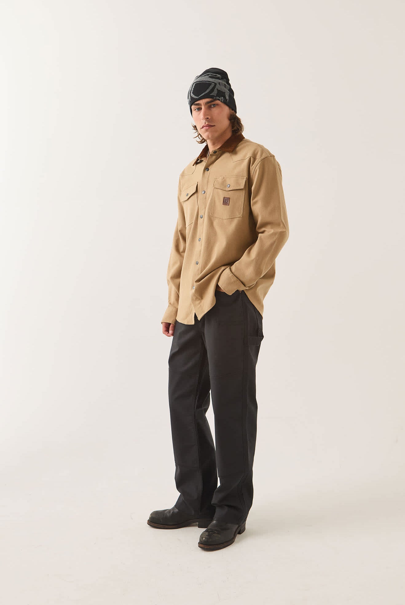Men's Bowery Builders Ranch Performance Flannel in the color Khaki/Brown - Men's Side View
