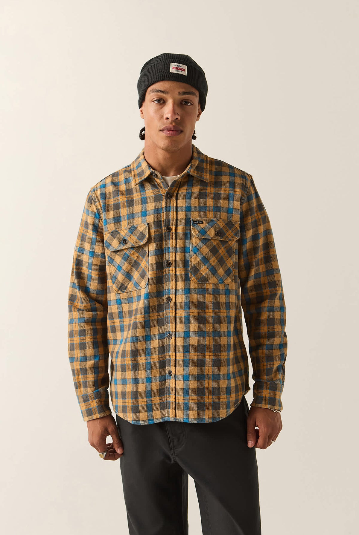 Men's Bowery Flannel in the color Khaki/Blue - Men's Front View