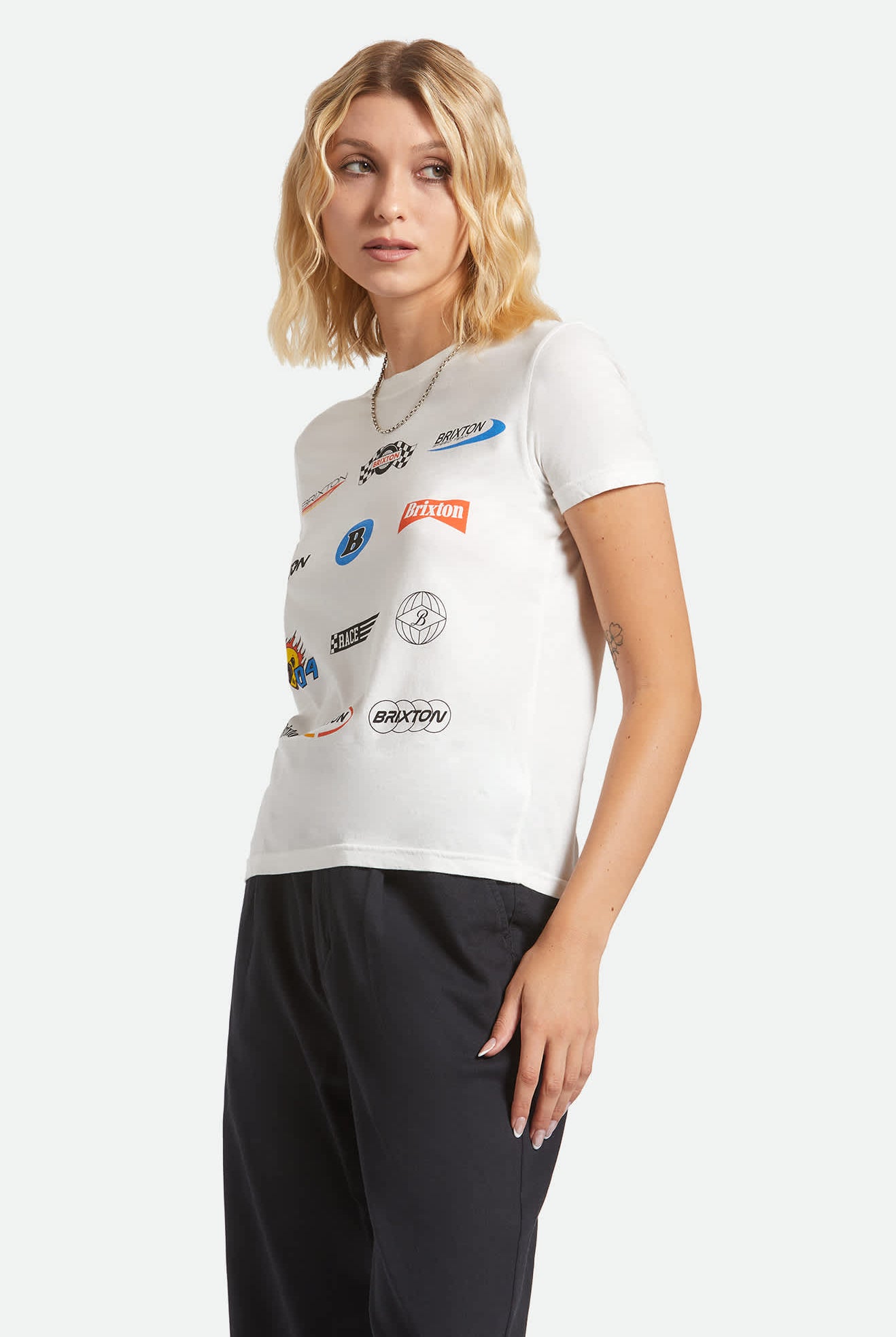 Women's Racing Patches Crew T-Shirt in the color Off White - Women's Side View