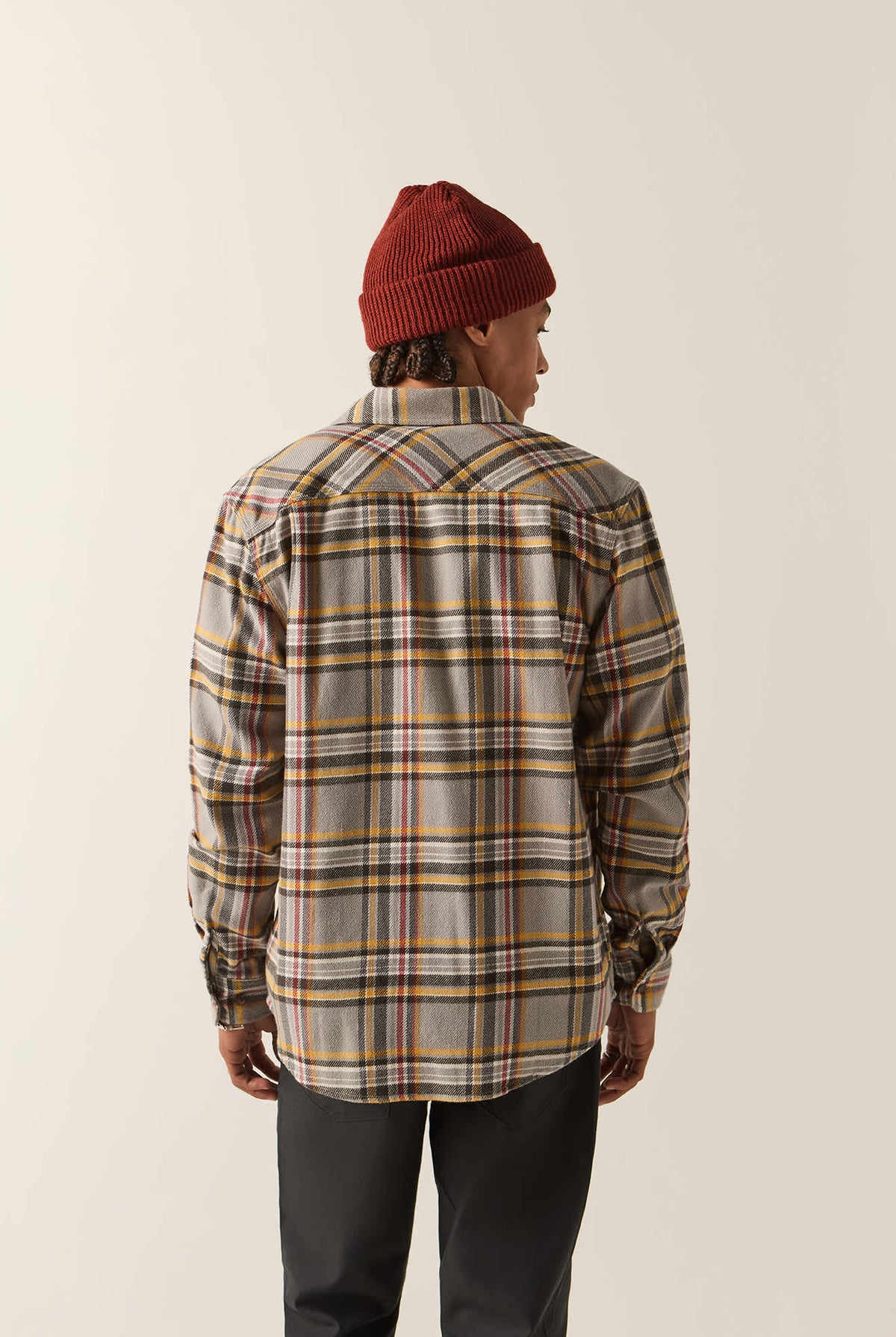 Men's Bowery Flannel in the color Washed Grey/Multi - Men's Back View
