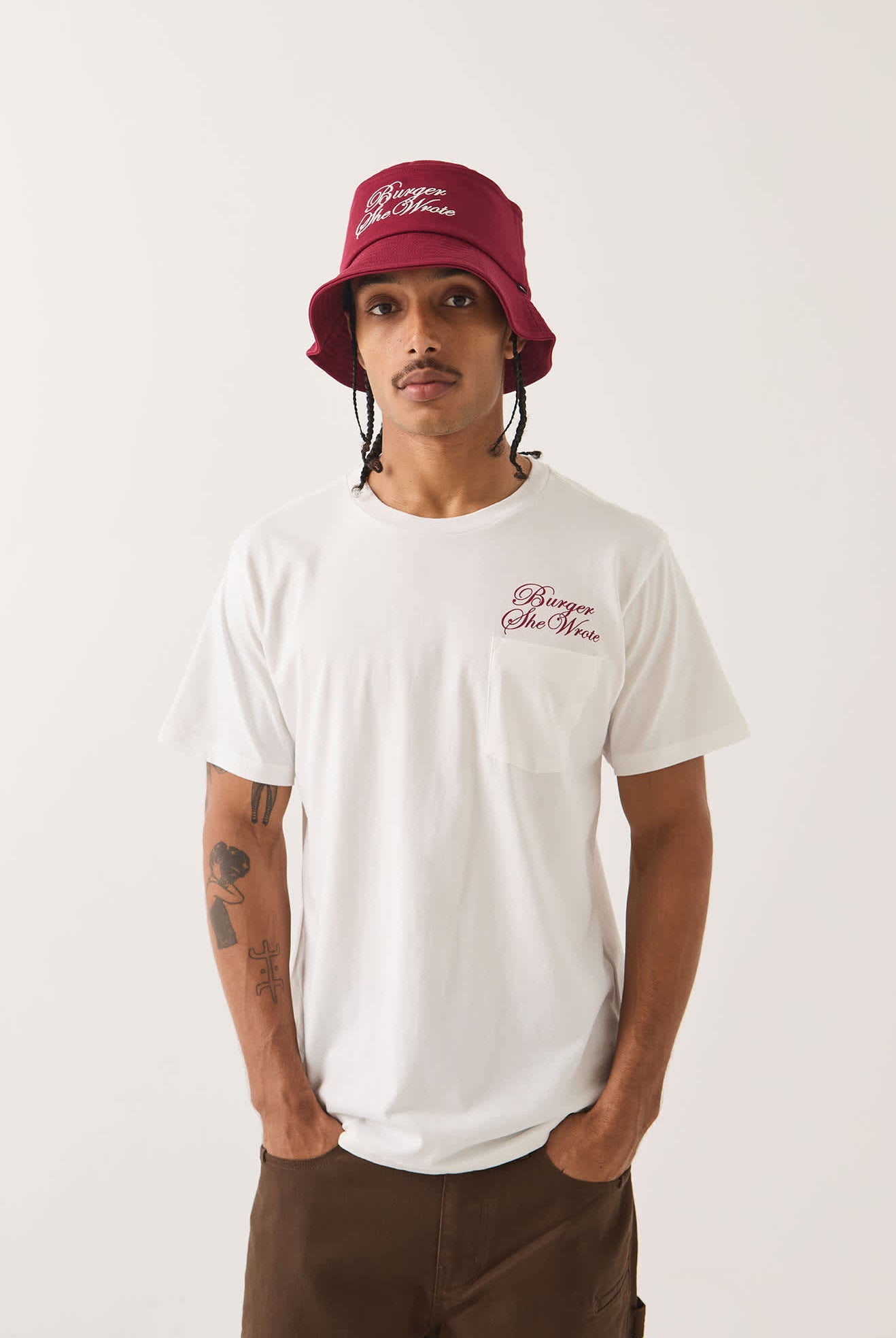 Unisex Burger She Wrote Bucket Hat in the color Burgundy - Men's Front View