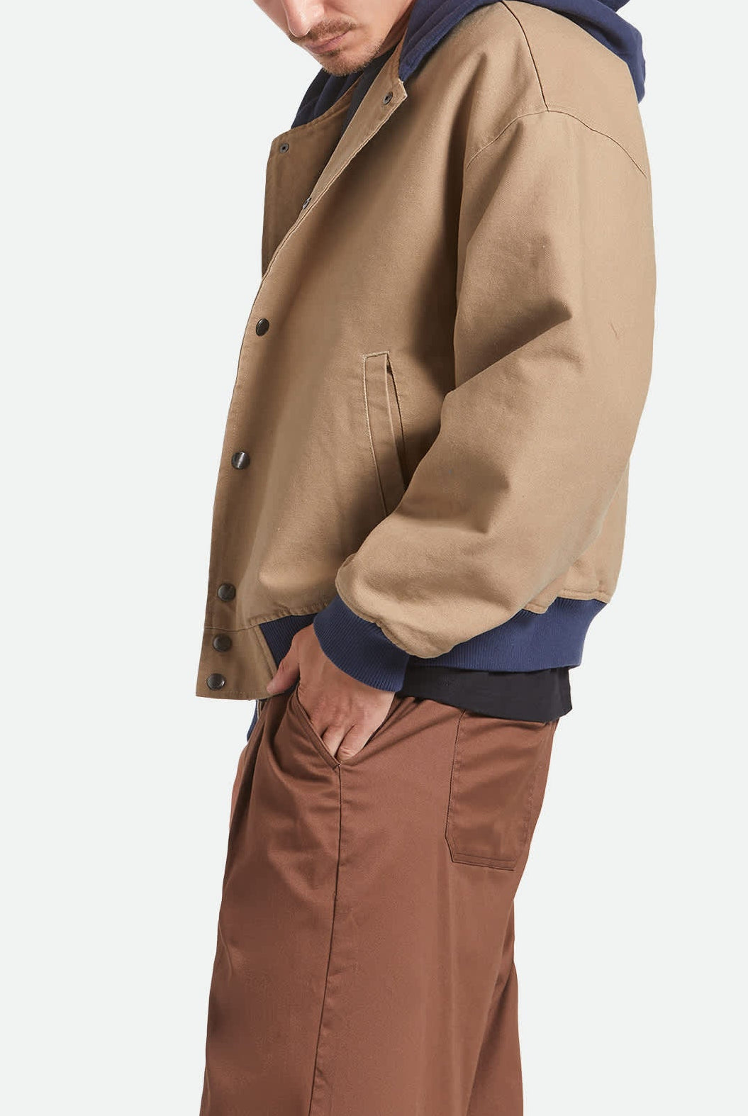 Men's Canvas Hooded Bomber Jacket in the color Khaki/Mood Indigo - Men's Side View