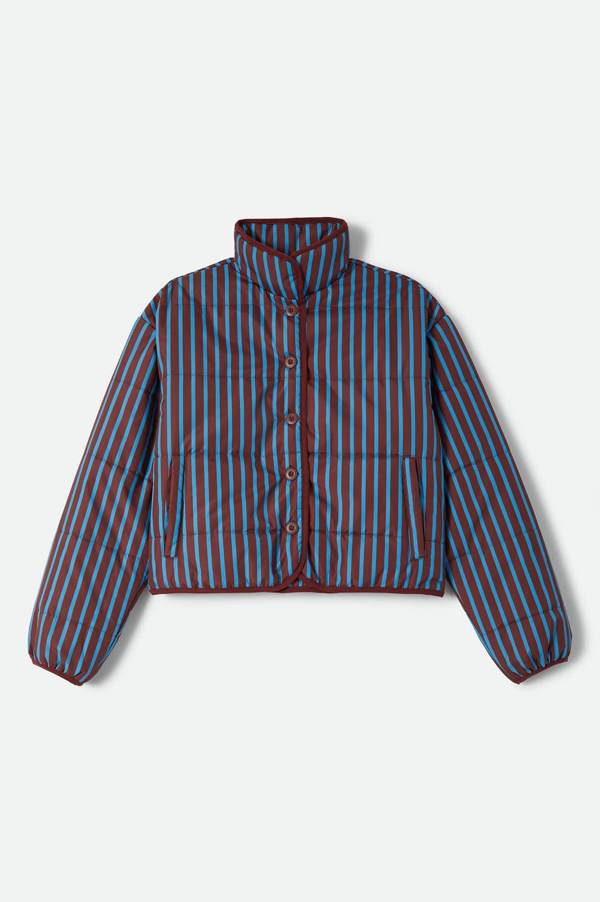 Women's Delilah Mock Neck Jacket in the color Dark Brick/Electric Indigo Stripe - Front Product View