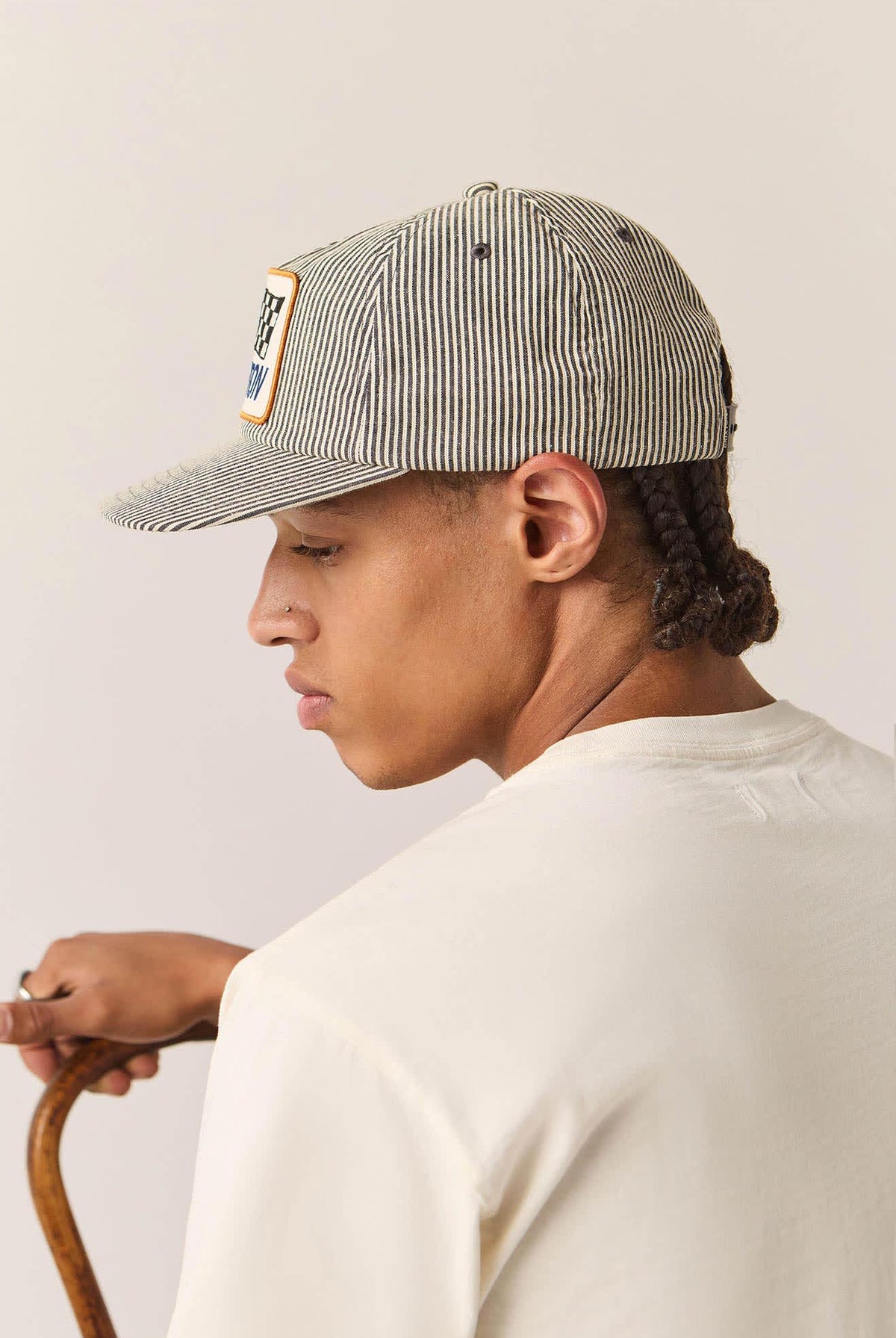 Unisex 76 Finish Line Snapback in the color Navy/Off White Hickory Stripe - Men's Side View