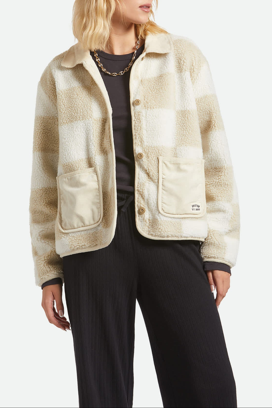 Women's Delilah Sherpa Jacket in the color White/Natural Finish Line Checker - Women's Front View