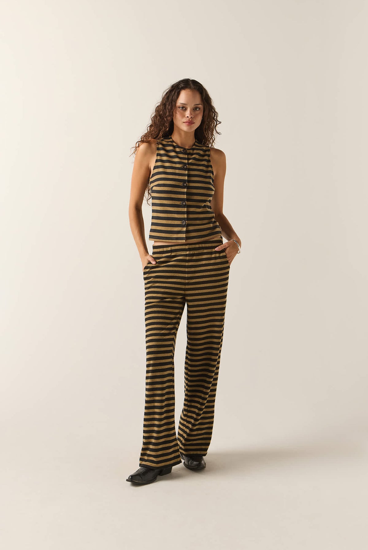 Women's The Audrey Knit Trouser Pant in the color Washed Black/Khaki Stripe - Women's Front View