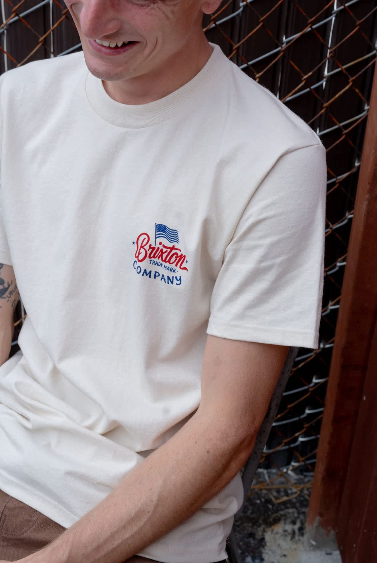 Men's Brxtn Flag Short Sleeve Standard T-Shirt in the color Cream/Navy/Red - Men's Front View