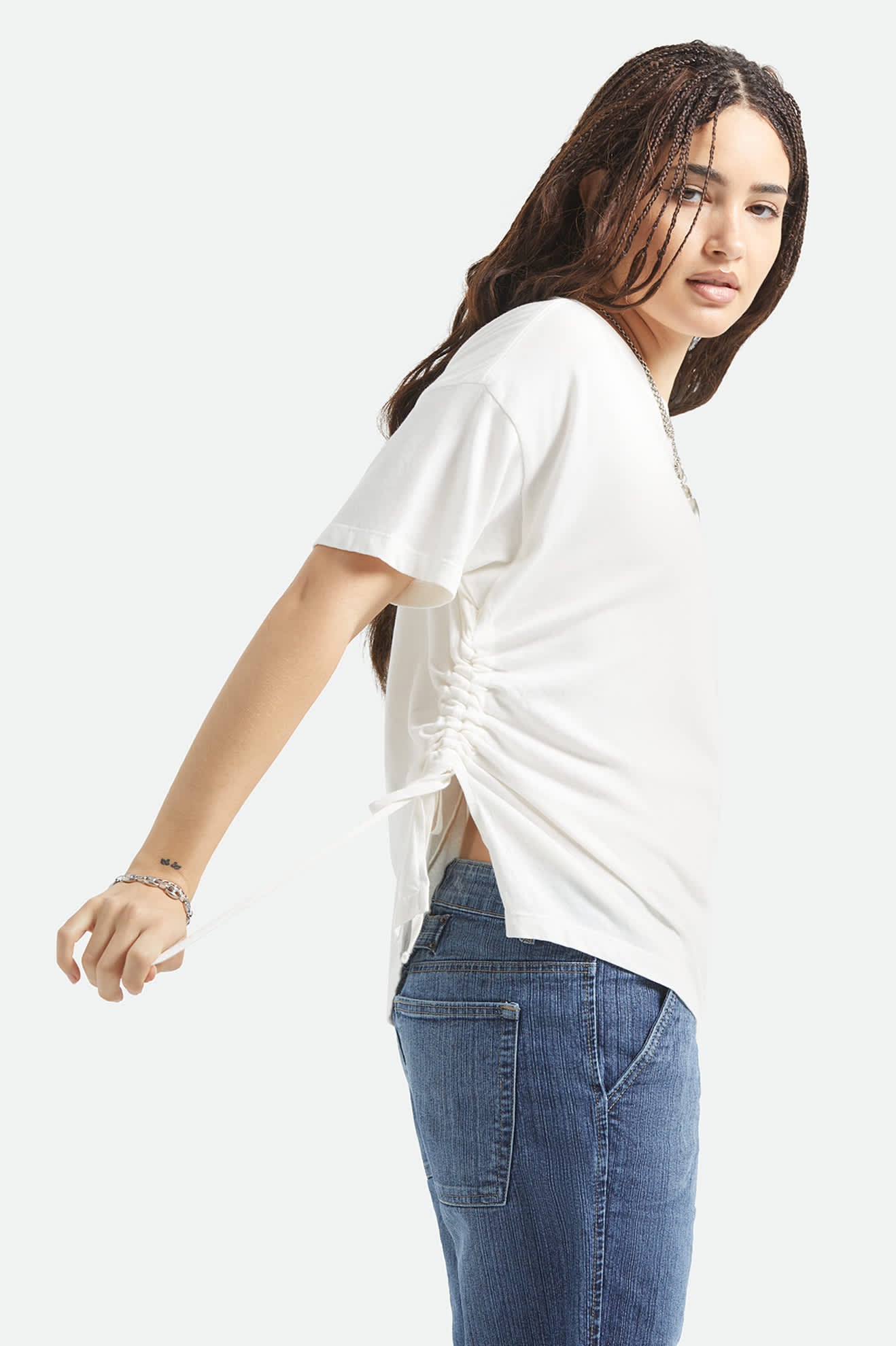Women's Carefree Organic Garment Dye Cinch T-Shirt in the color Off White - Additional Fit image