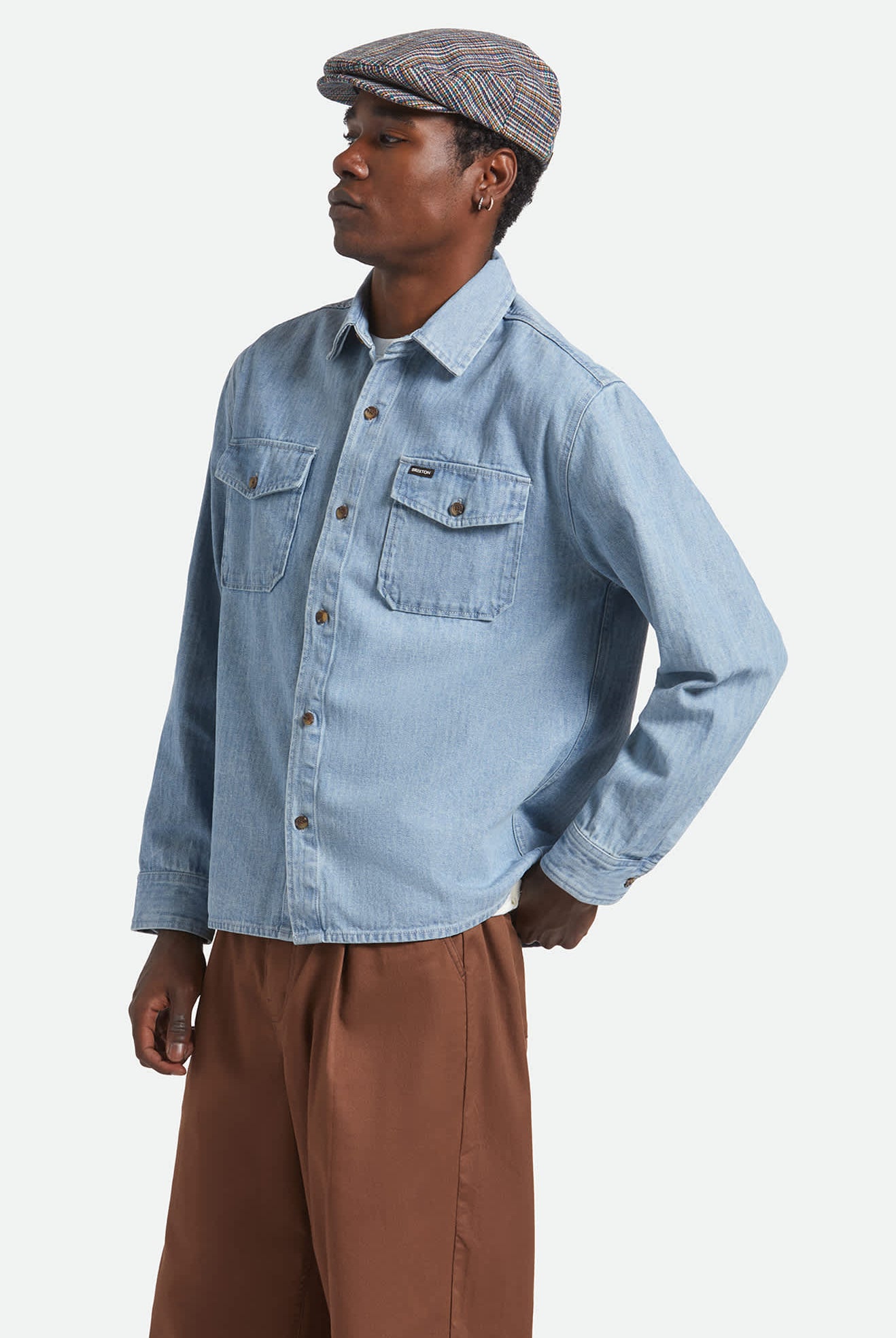 Men's Herringbone Relaxed L/S Overshirt in the color Light Wash Denim Herringbone - Men's Side View