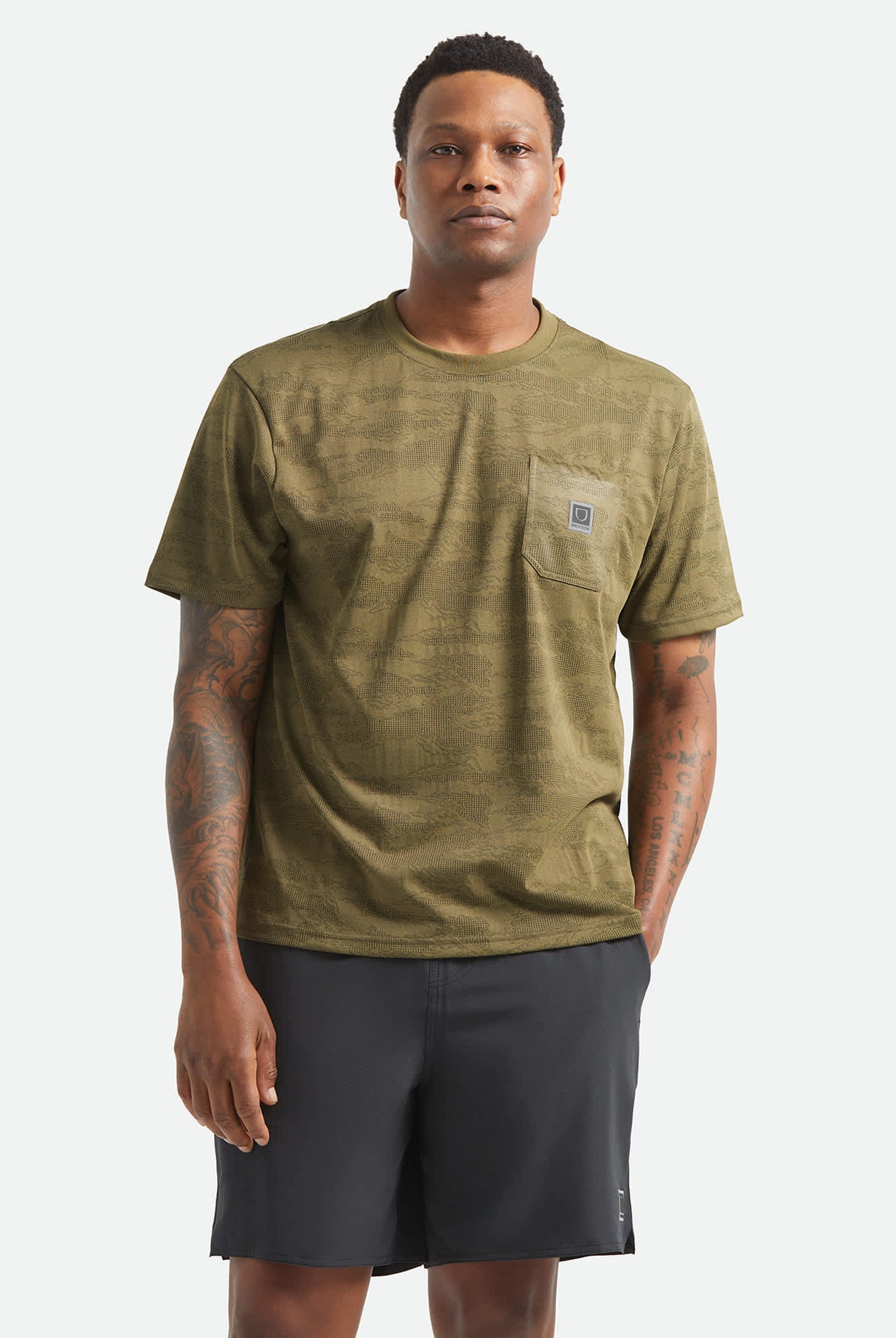 Men's Journey Short Sleeve Pocket T-Shirt in the color Olive Tiger Camo - Additional Fit image
