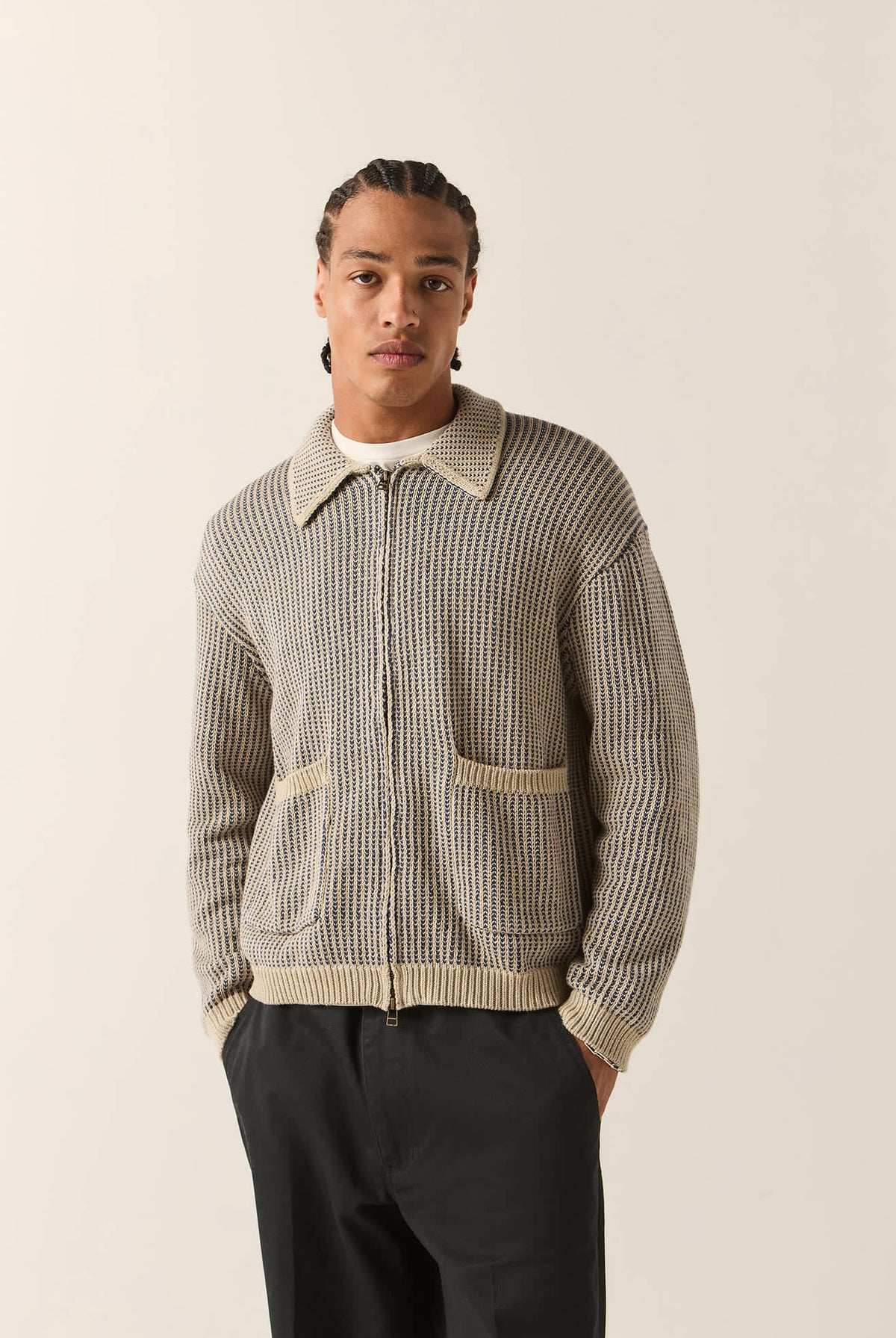 Unisex Pacific Zip Sweater in the color Navy/Whitecap - Men's Front View
