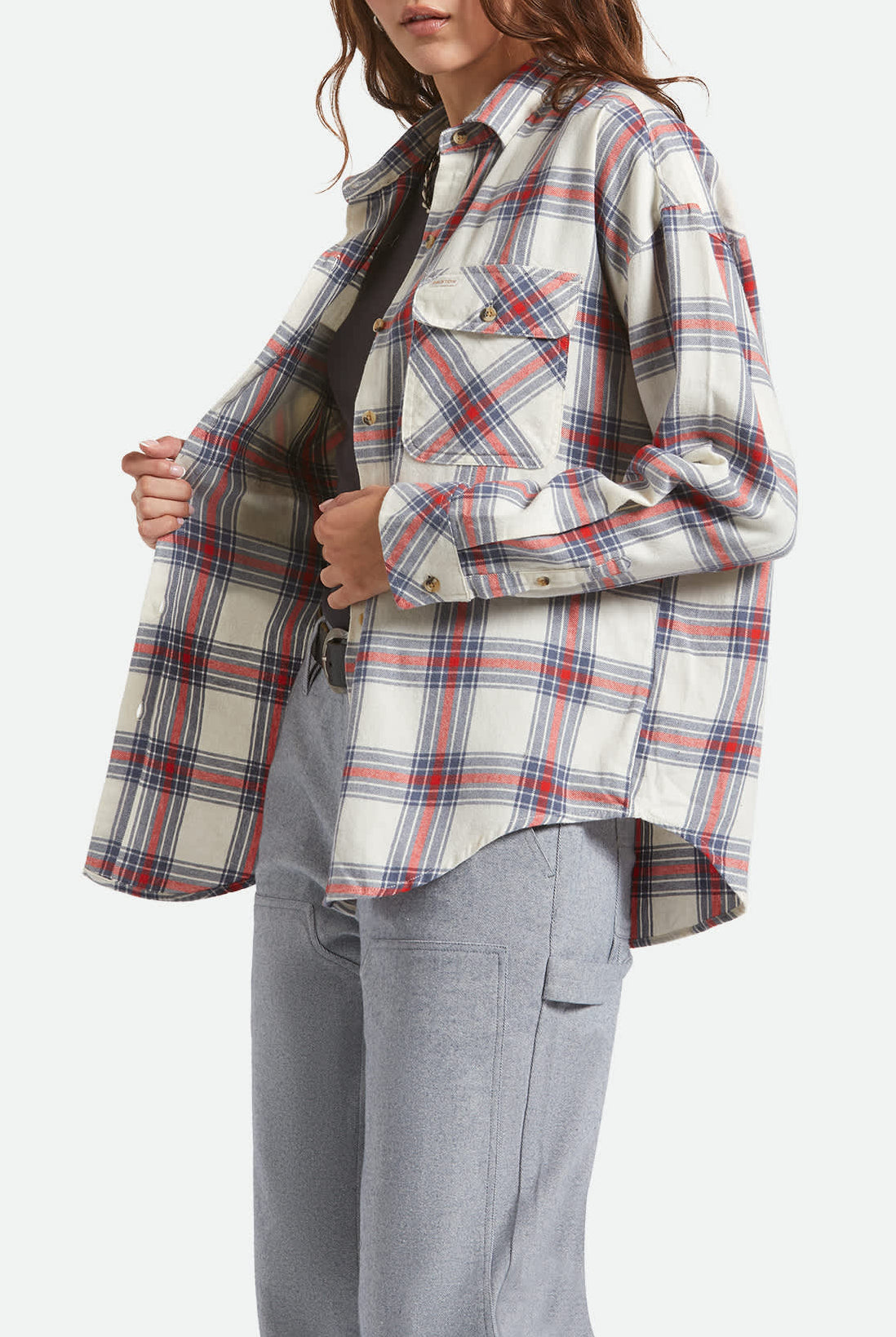 Women's Bowery Vintage Overshirt in the color Off White/Berring Sea/Red - Women's Side View