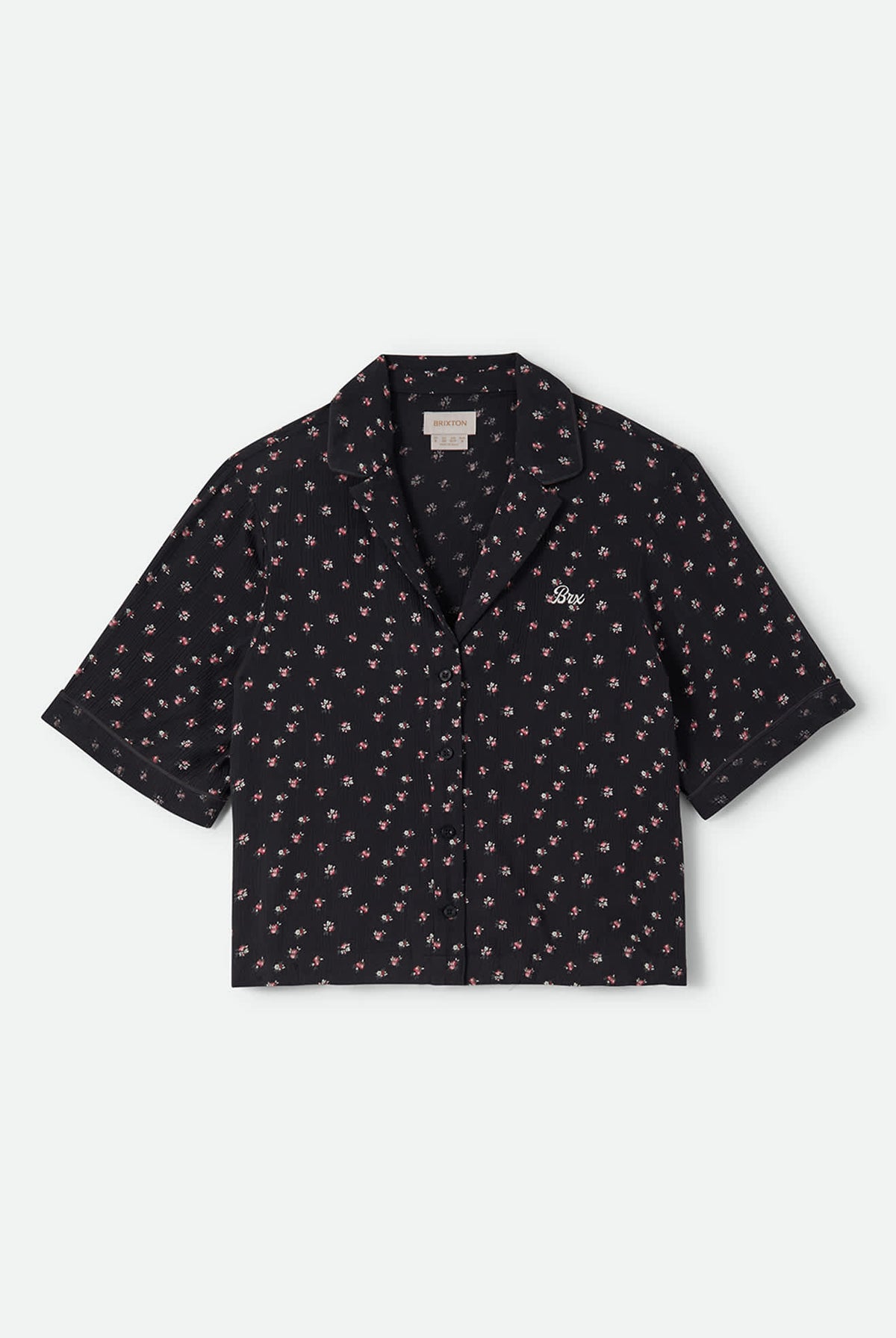 Women's Silky Bowling Button Down Shirt in the color Black Ditsy Floral - Front Product View