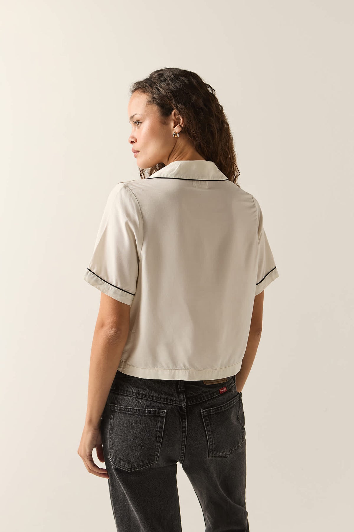 Women's Silky Bowling Button Down Shirt in the color Khaki/Off White/Black Micro - Women's Back View
