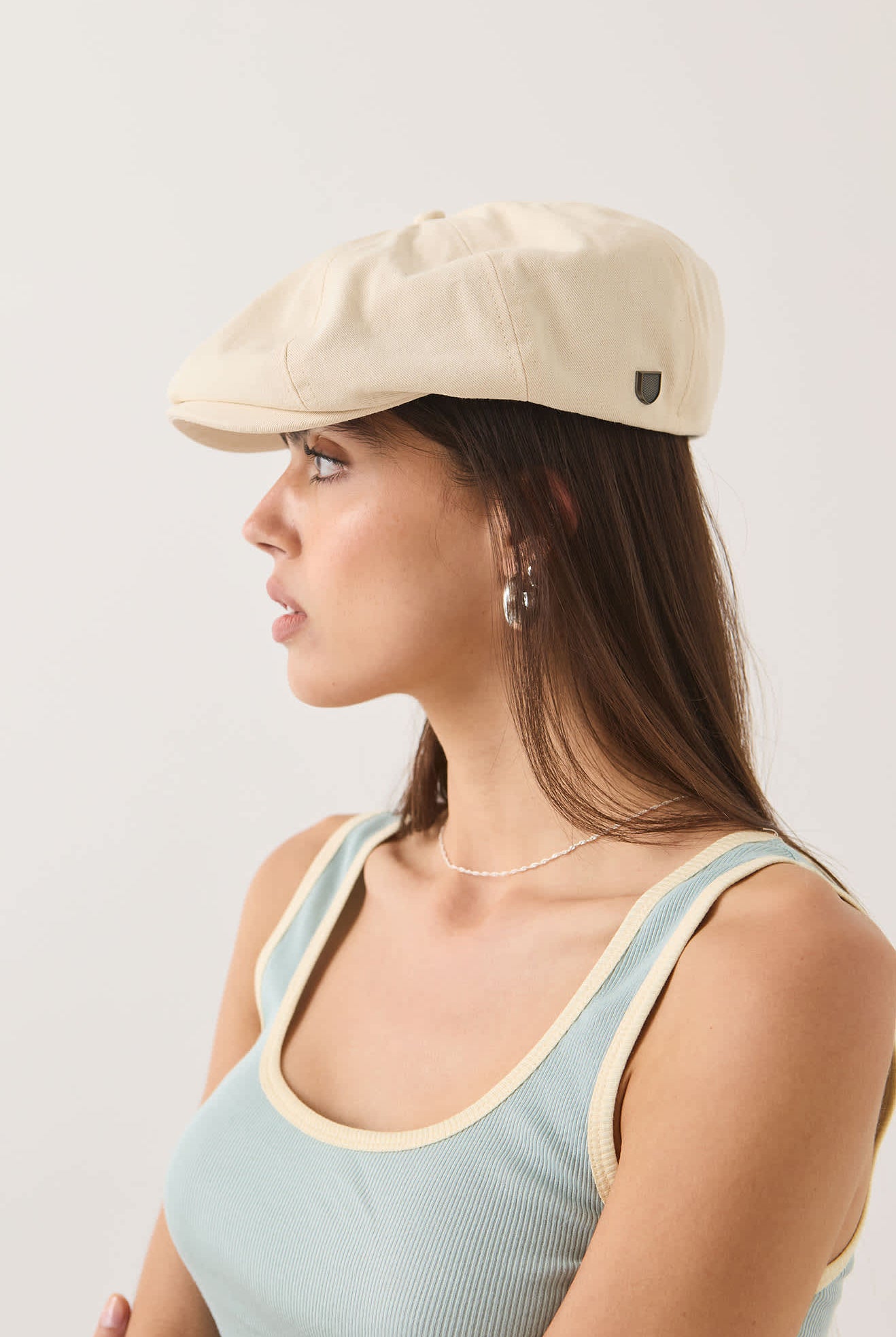 Unisex Brood Newsboy Cap in the color Egret White - Women's Side View