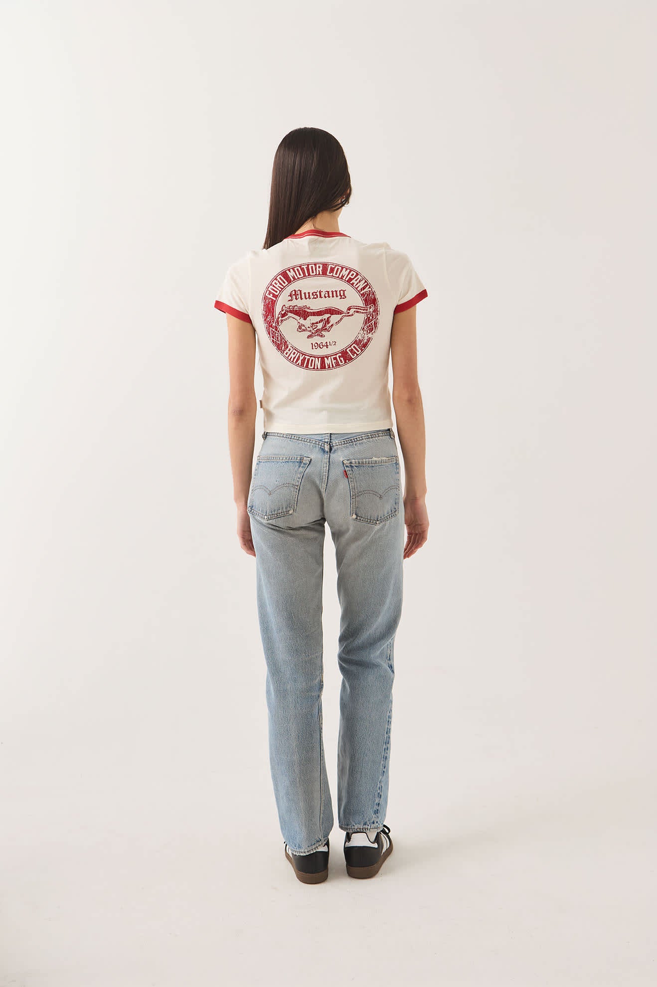 Women's Ford Mustang Baby Ringer T-Shirt in the color Wimbledon White - Women's Back View