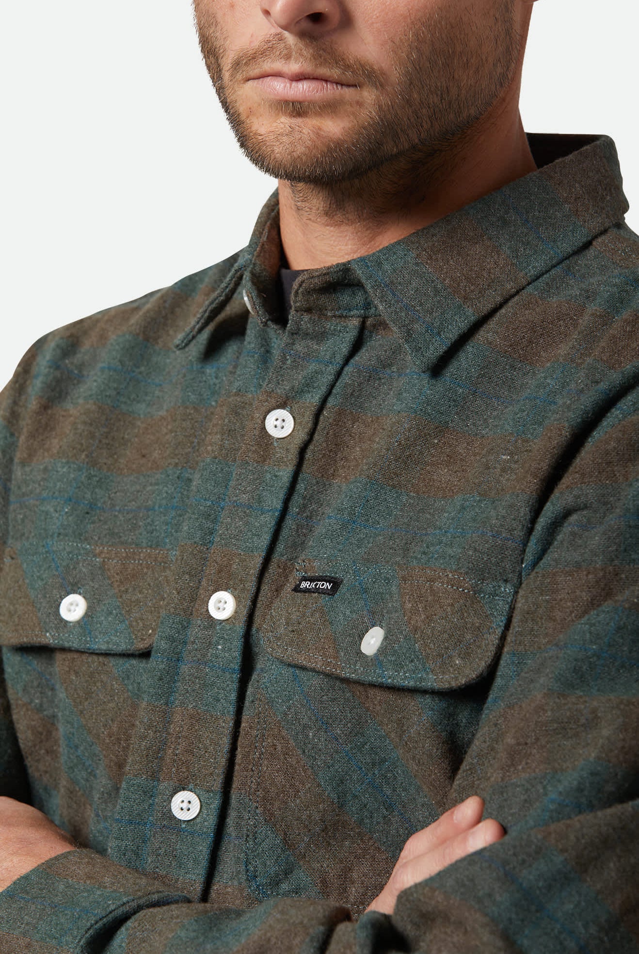 Men's Bowery L/S Flannel in the color Ocean - Additional Fit View