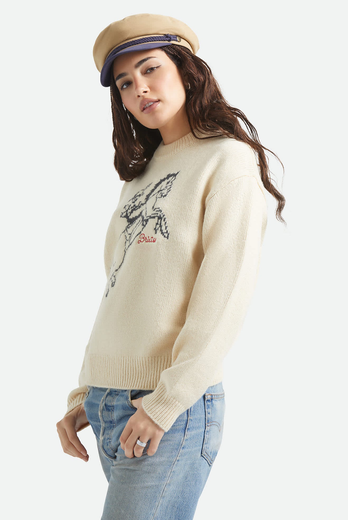 Women's Brixton Ranching Club Crew Sweater in the color Whitecap - Women's Side View