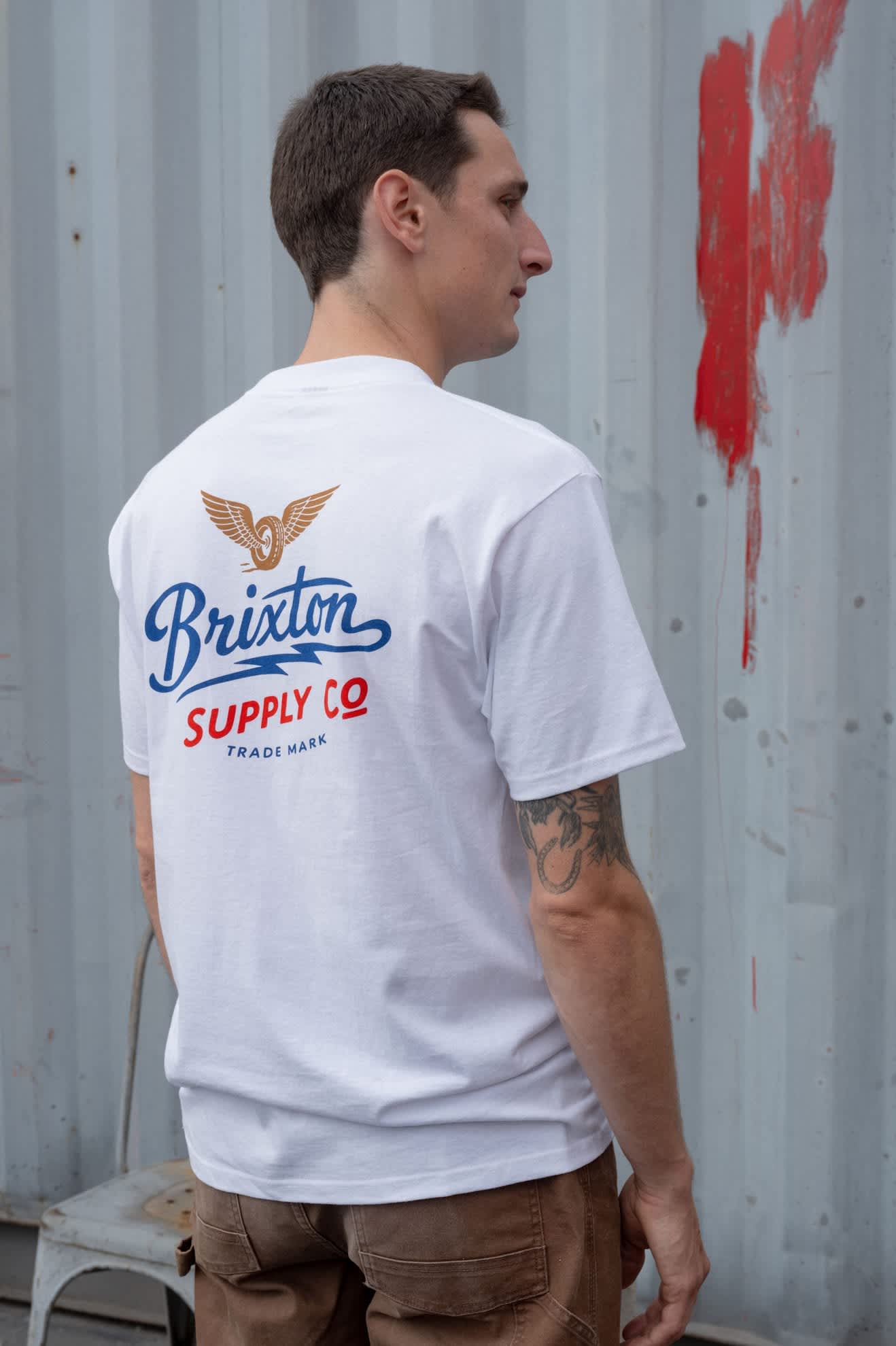 Men's Wing And Wheel Supply Short Sleeve Standard T-Shirt in the color White - Men's Back View