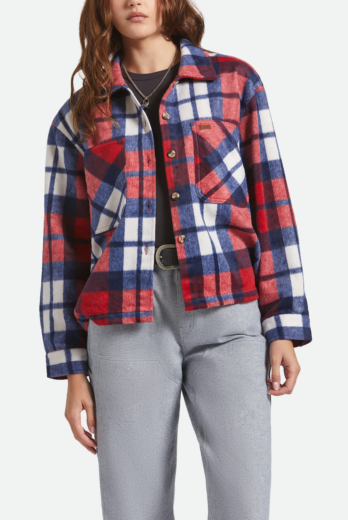 Women's Bowery Women's Soft Brushed Flannel in the color Adrenaline Rush/Navy - Women's Front View