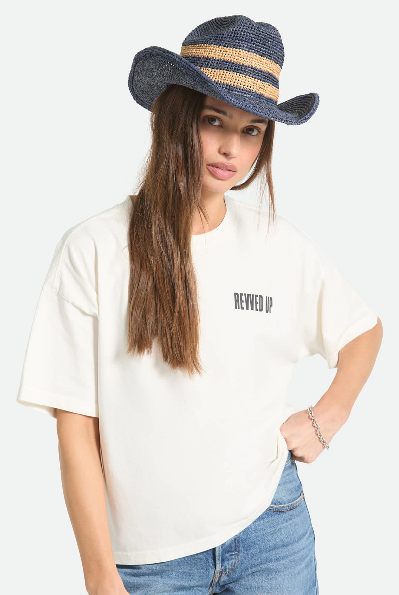 Women's Odessa Straw Packable Cowboy Hat in the color Midnight Blue/Tan Stripe - Women's Front View