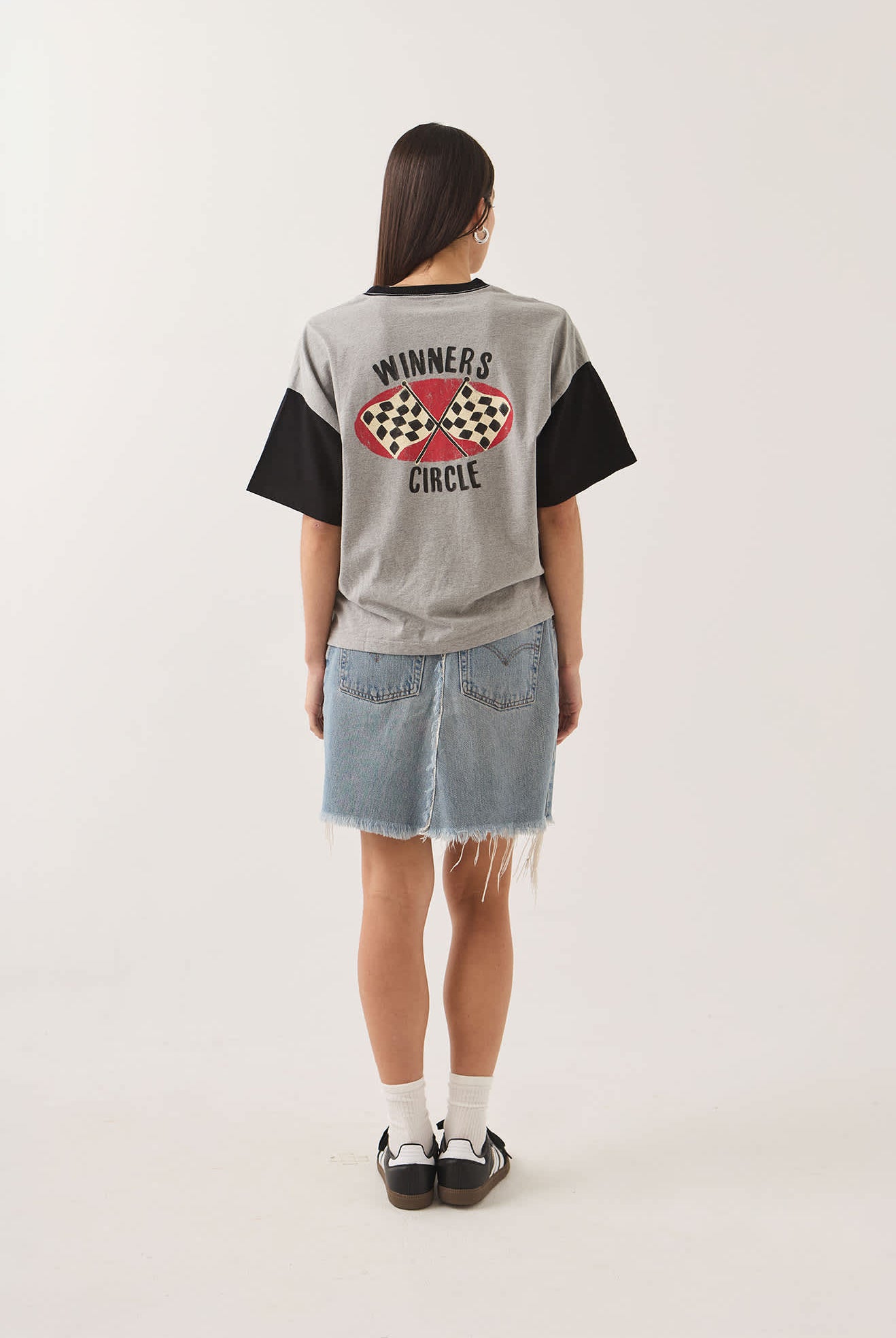Women's Winners Circle Boxy Football T-Shirt in the color Heather Grey/Black - Women's Back View