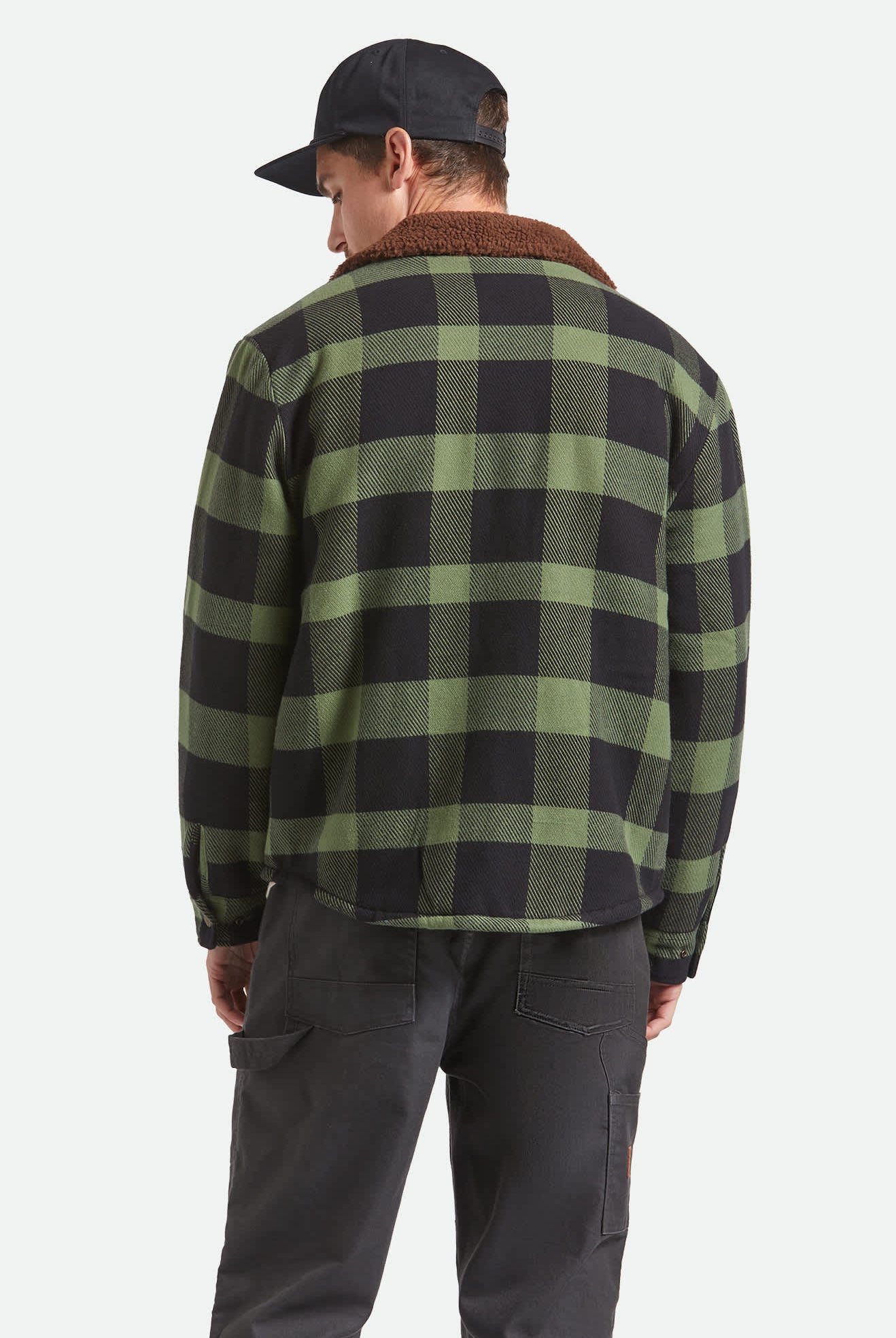 Men's Durham Sherpa Lined Jacket in the color Black/Wild Green Flannel - Men's Back View