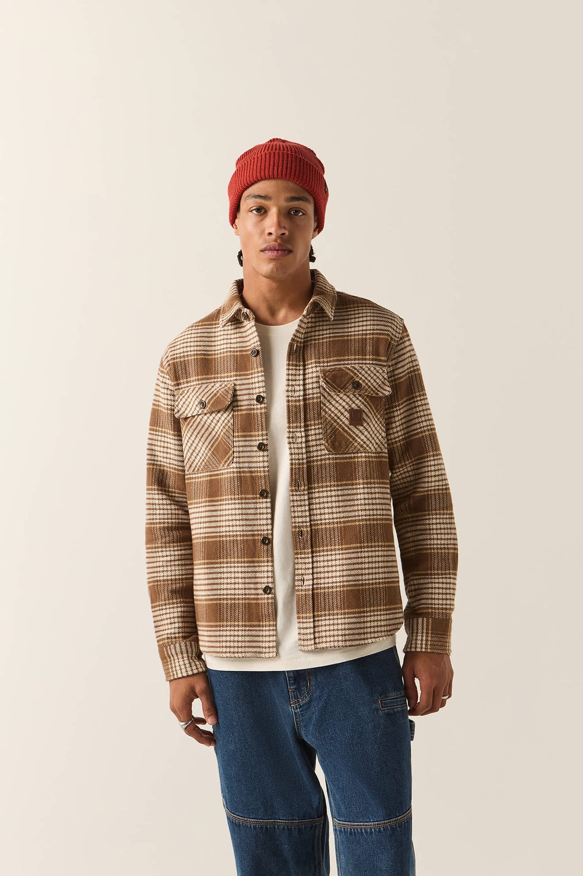 Men's Bowery Heavyweight Flannel in the color Pinecone Brown/Whitecap - Men's Front View
