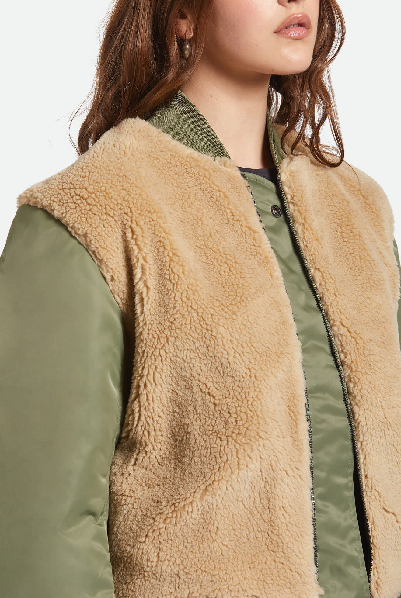 Women's Sherpa Surplus Bomber Jacket in the color Olive Surplus - Additional Fit image