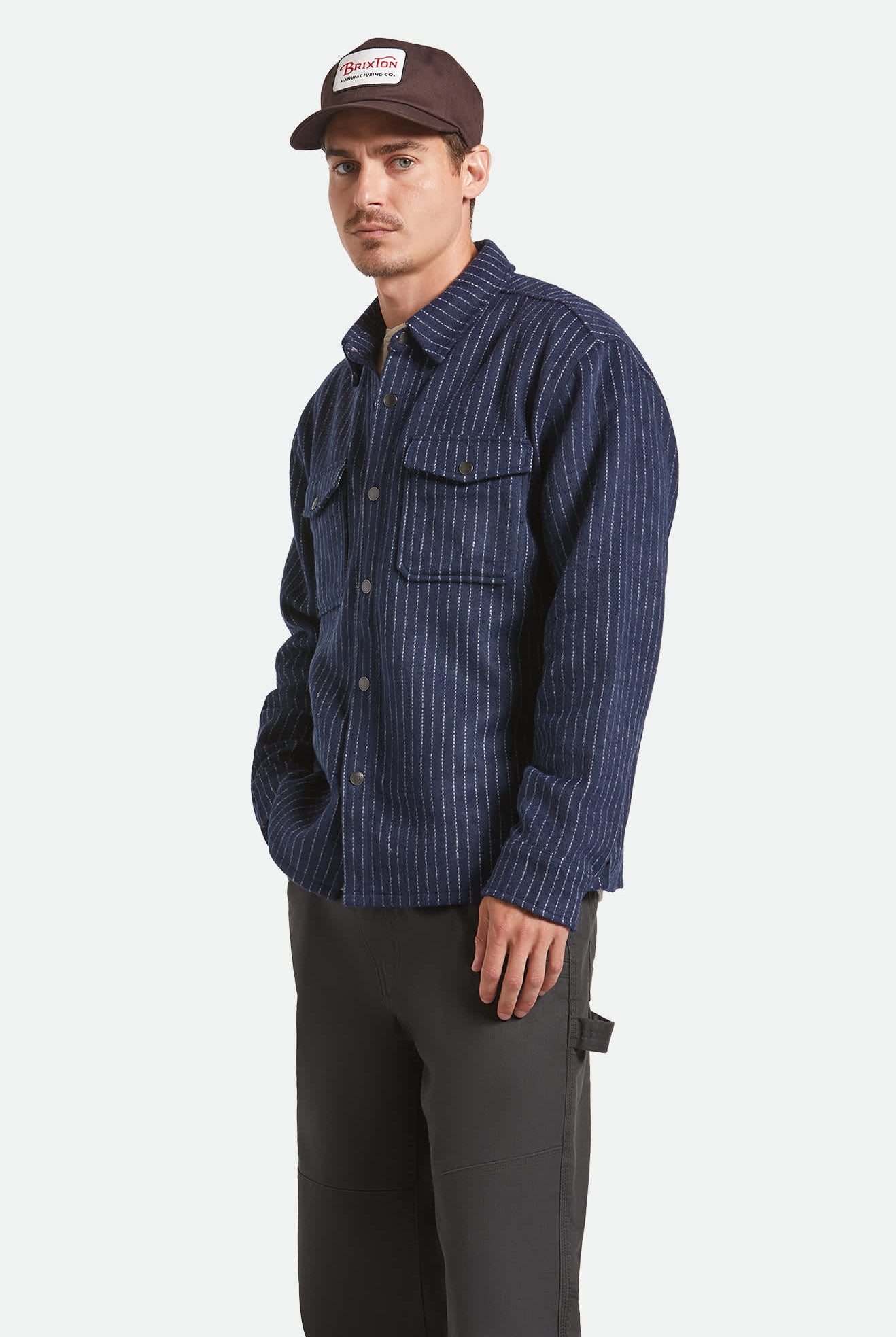 Men's Selden Soft Brushed Flannel in the color Mood Indigo Pinestripe - Men's Front View