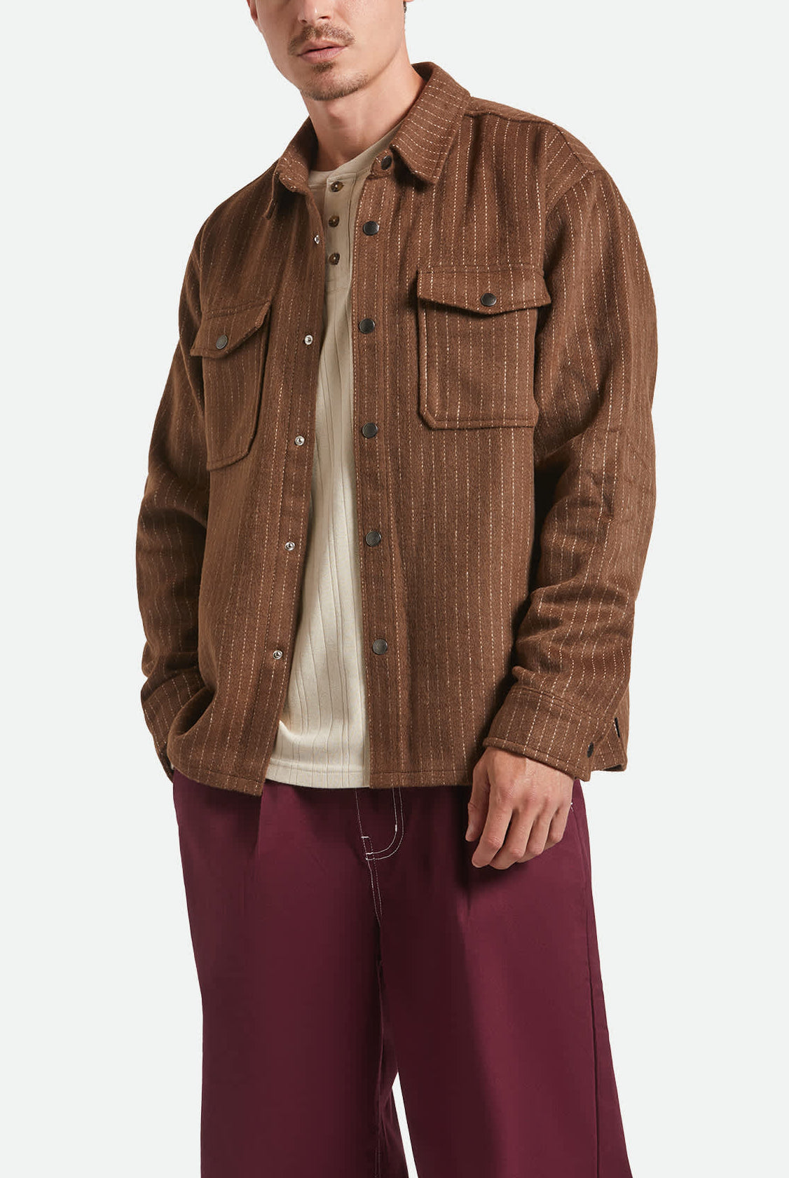 Men's Selden Soft Brushed Flannel in the color Pinecone Brown Pinestripe - Men's Front View