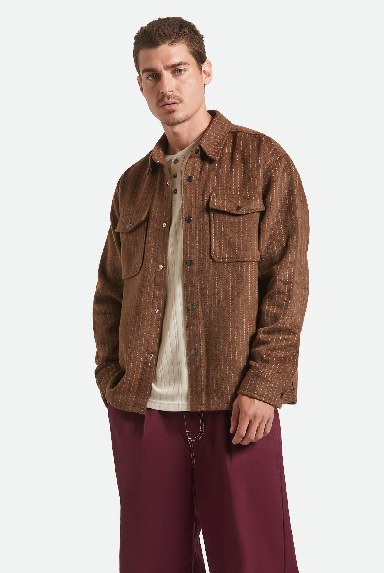 Men's Selden Soft Brushed Flannel in the color Pinecone Brown Pinestripe - Men's Front View