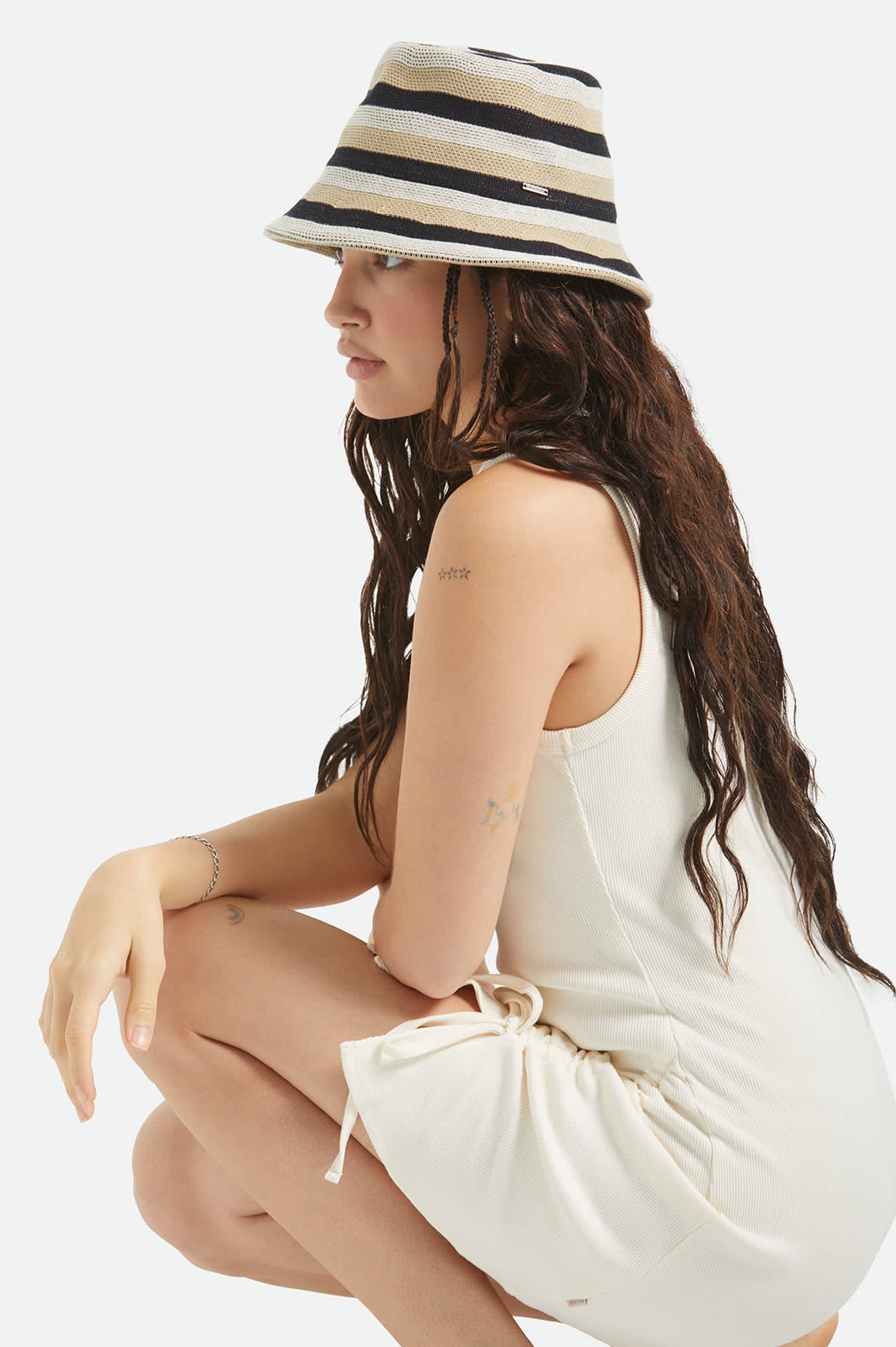 Women's Lisboa Knit Packable Bucket Hat in the color Black/Sand/Whitecap - Women's Side View