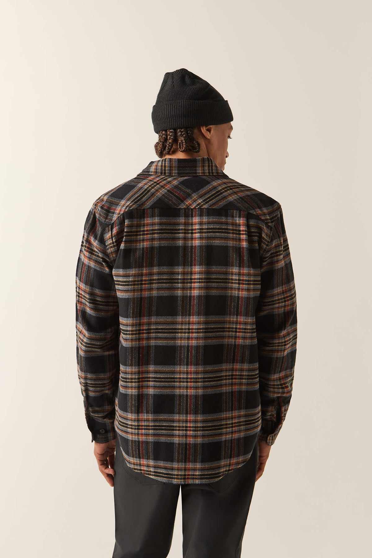 Men's Bowery Flannel in the color Black/Red Earth - Men's Back View