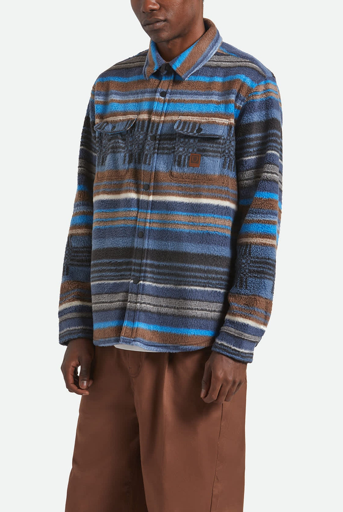 Men's Bowery Arctic Stretch Fleece in the color Mood Indigo Blanket Stripe - Men's Front View
