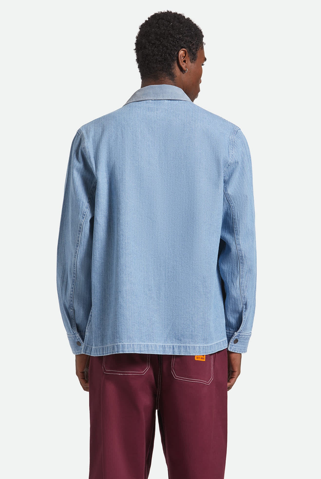 Men's Herringbone Lightweight Chore Coat in the color Light Wash Denim Herringbone - Men's Back View
