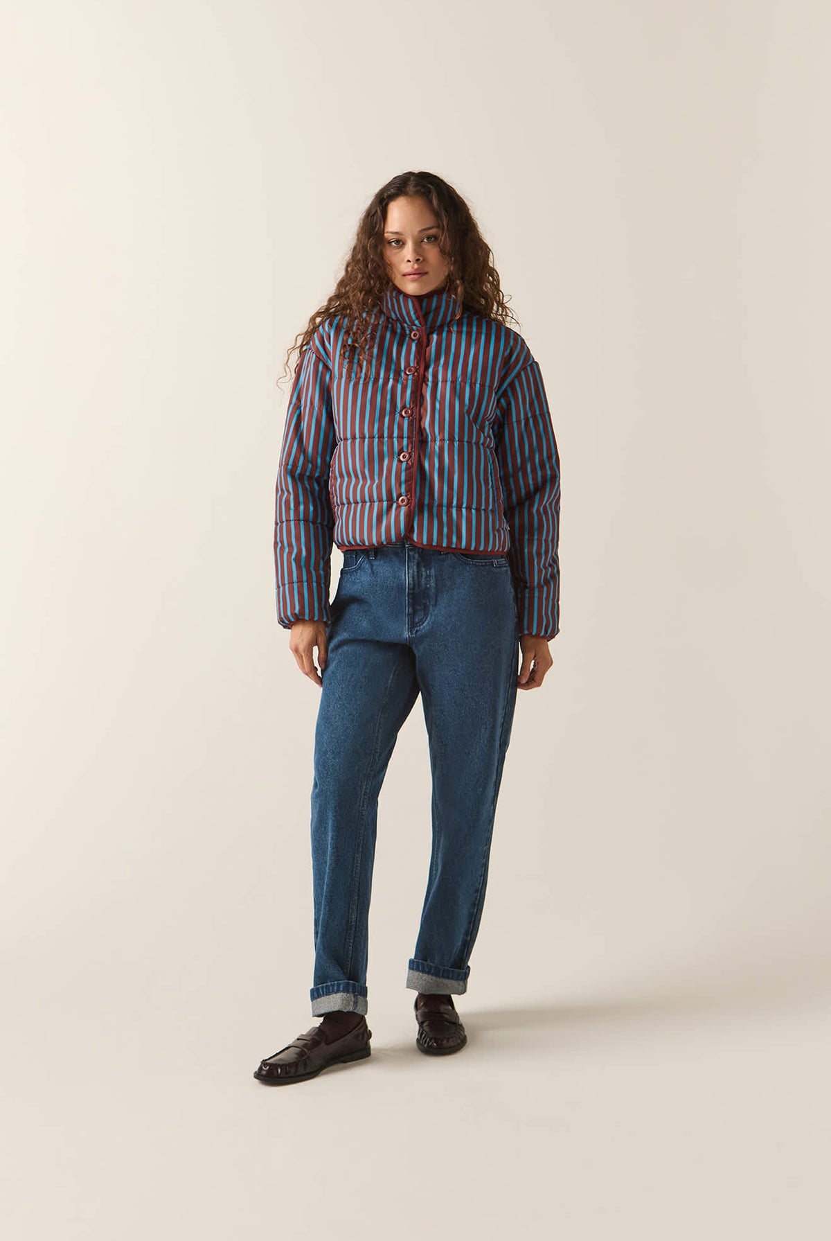 Women's Delilah Mock Neck Jacket in the color Dark Brick/Electric Indigo Stripe - Women's Front View