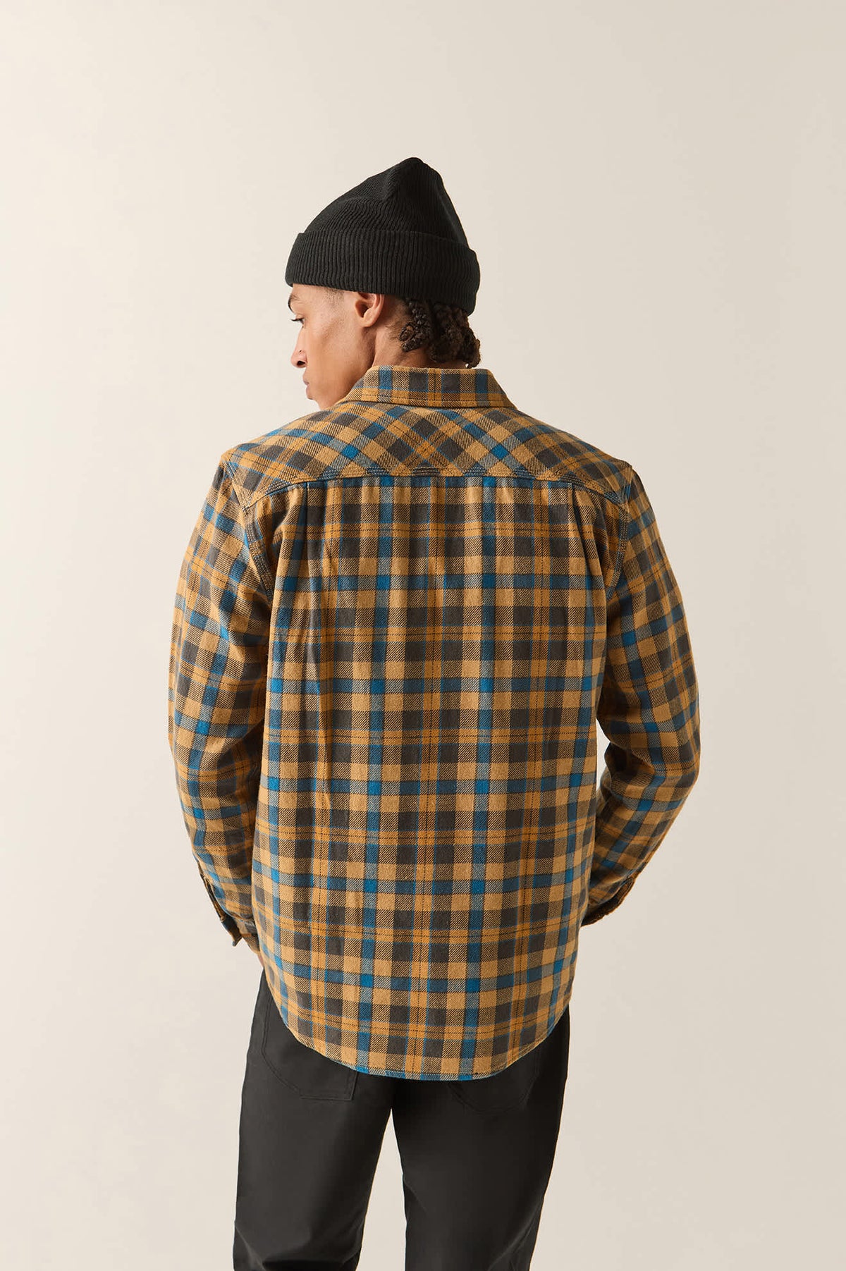 Men's Bowery Flannel in the color Khaki/Blue - Men's Back View