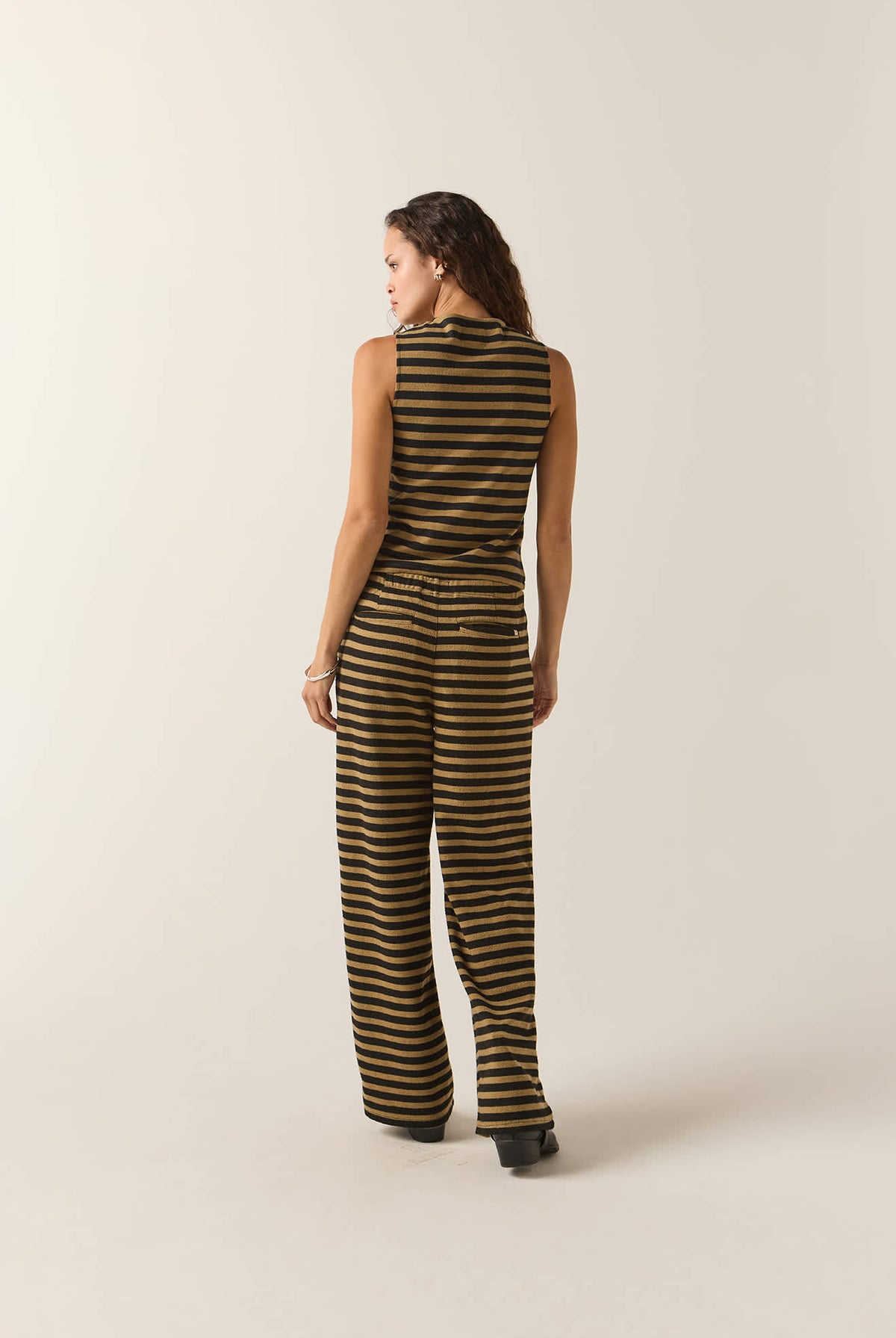 Women's The Audrey Knit Trouser Pant in the color Washed Black/Khaki Stripe - Women's Back View