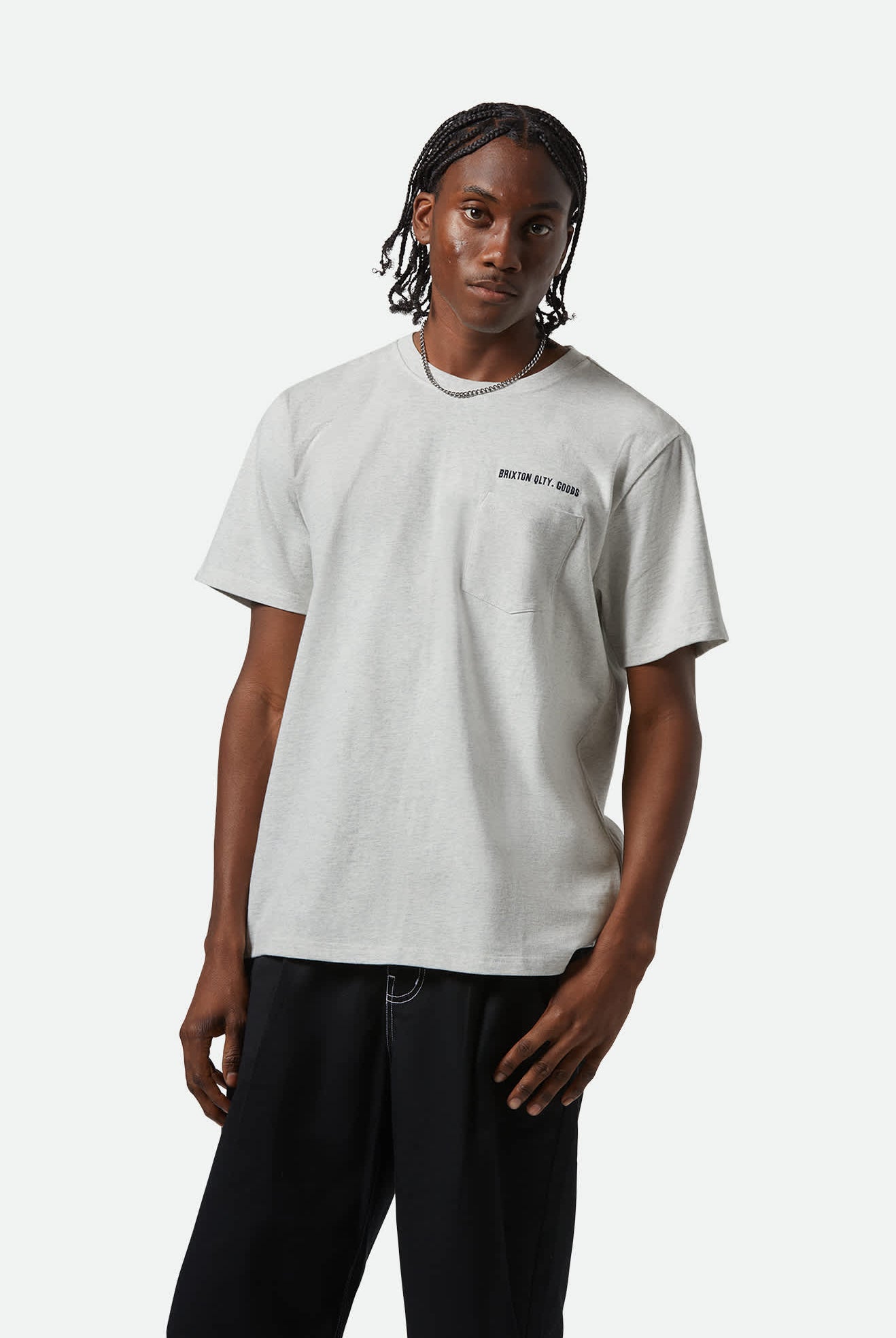 Men's Embroidered Heavyweight Pocket T-Shirt in the color Heather Grey Ash - Men's Front View