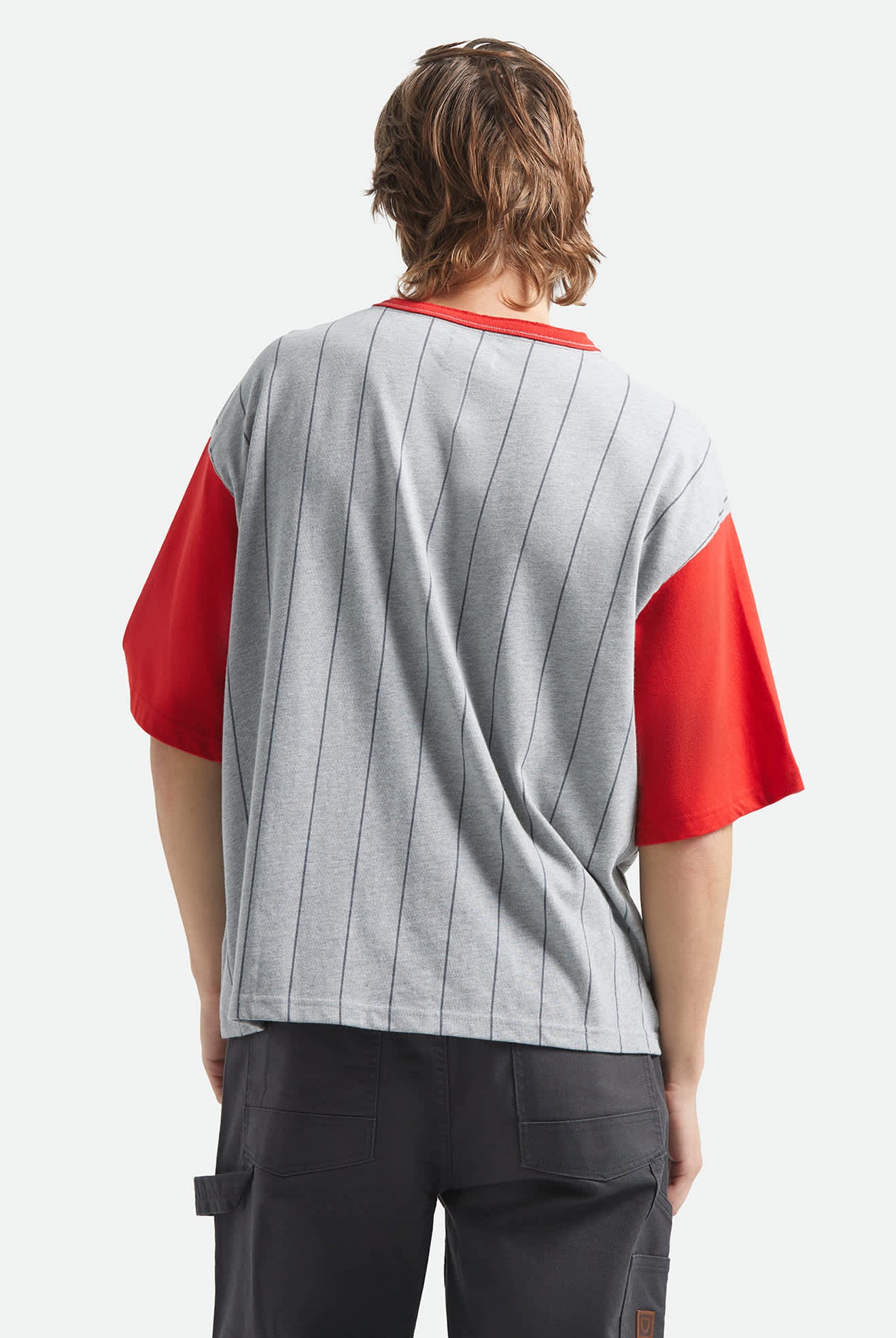 Men's Boxy Short Sleeve Baseball T-Shirt in the color Heather Grey/Adrenaline Rush - Men's Back View