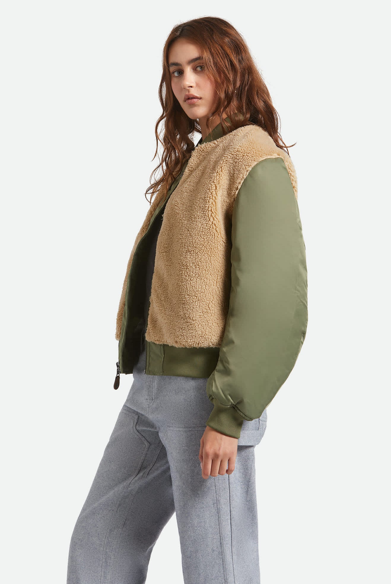 Women's Sherpa Surplus Bomber Jacket in the color Olive Surplus - Women's Side View