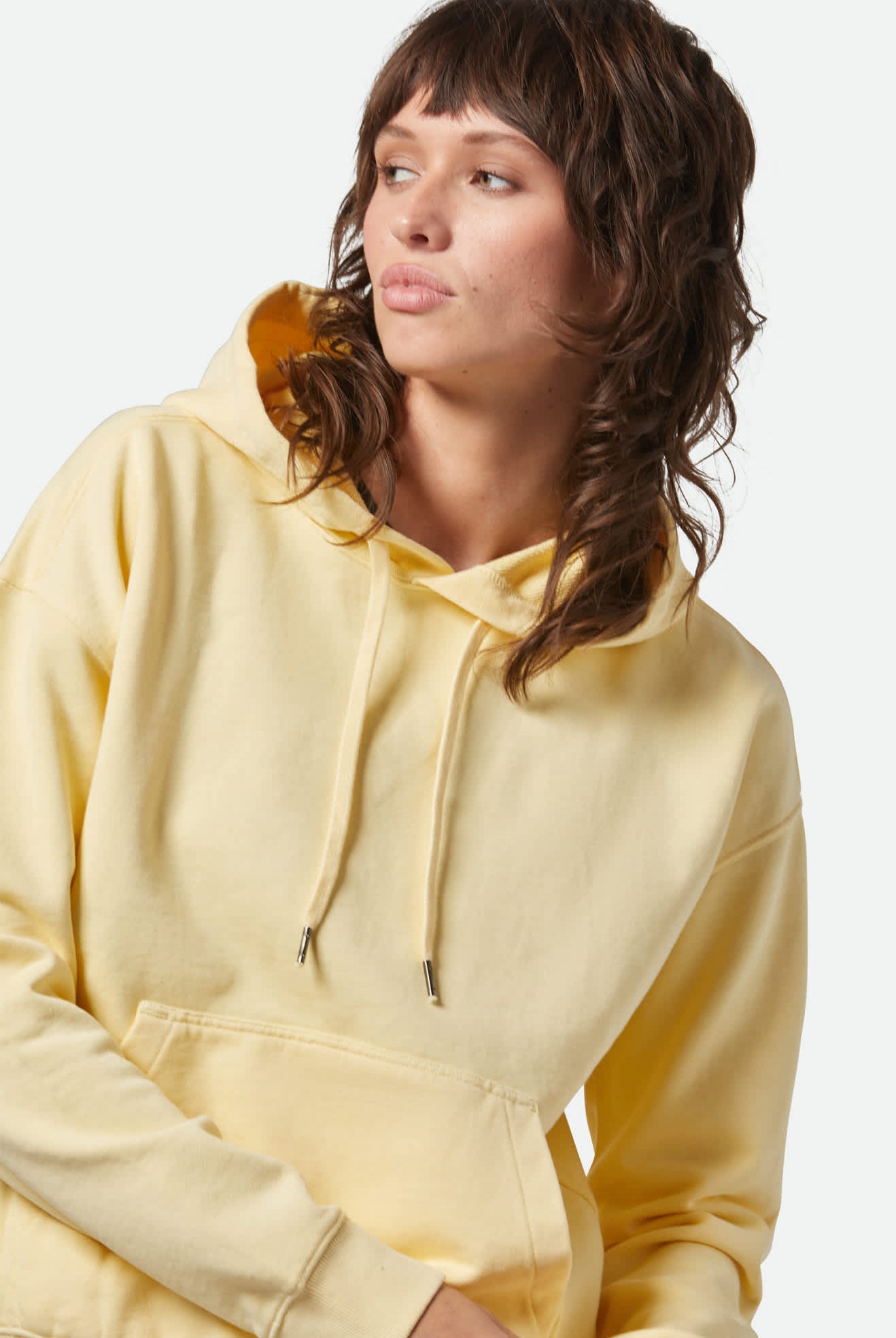 Women's Cross Loop French Terry Hoodie in the color Panna Cotta - Additional Fit View