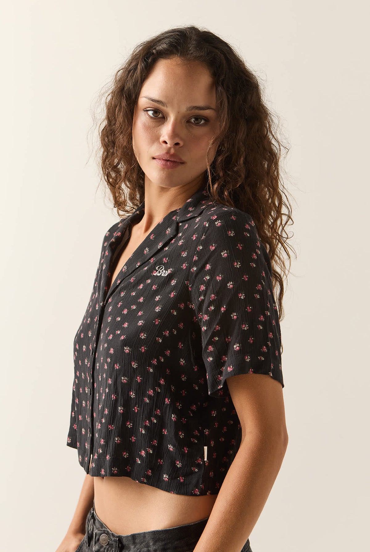 Women's Silky Bowling Button Down Shirt in the color Black Ditsy Floral - Women's Side View