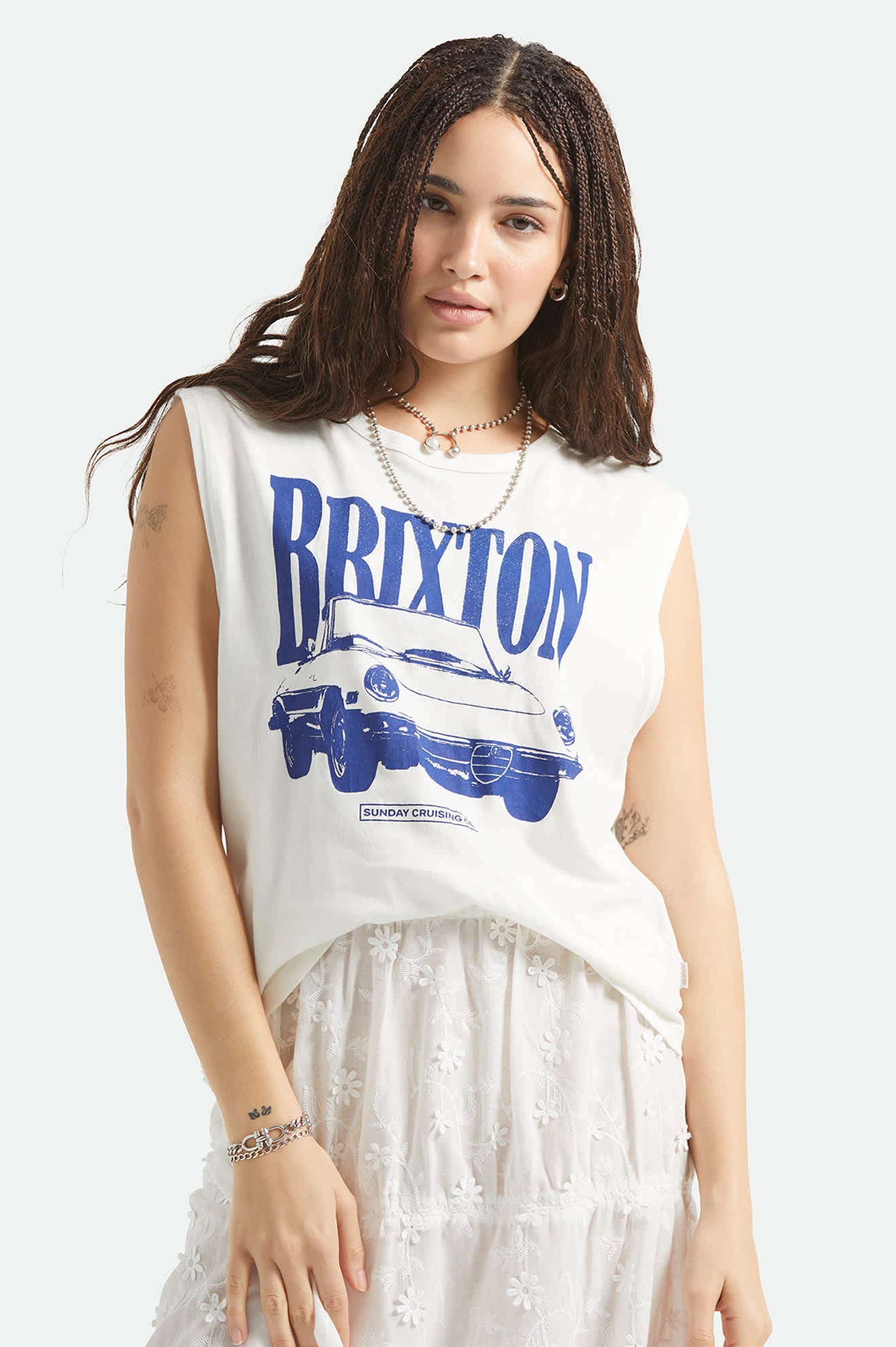 Women's Sunday Cruising Club Muscle Tank in the color Vintage White - Women's Front View
