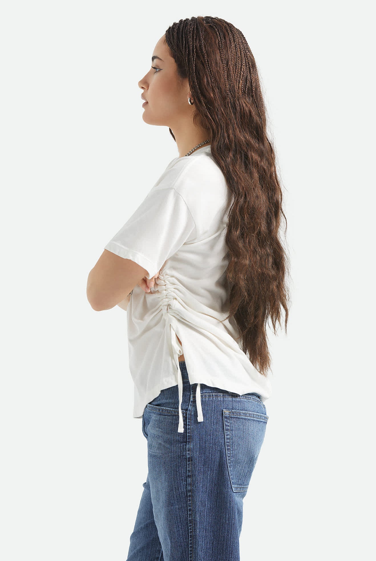 Women's Carefree Organic Garment Dye Cinch T-Shirt in the color Off White - Women's Side View