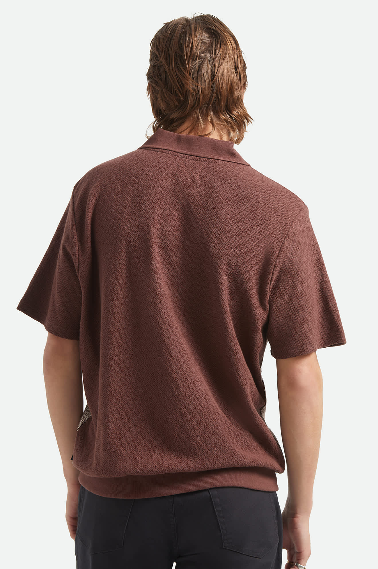 Men's Theo Jacquard Short Sleeve Polo in the color Chocolate/Off White - Men's Back View