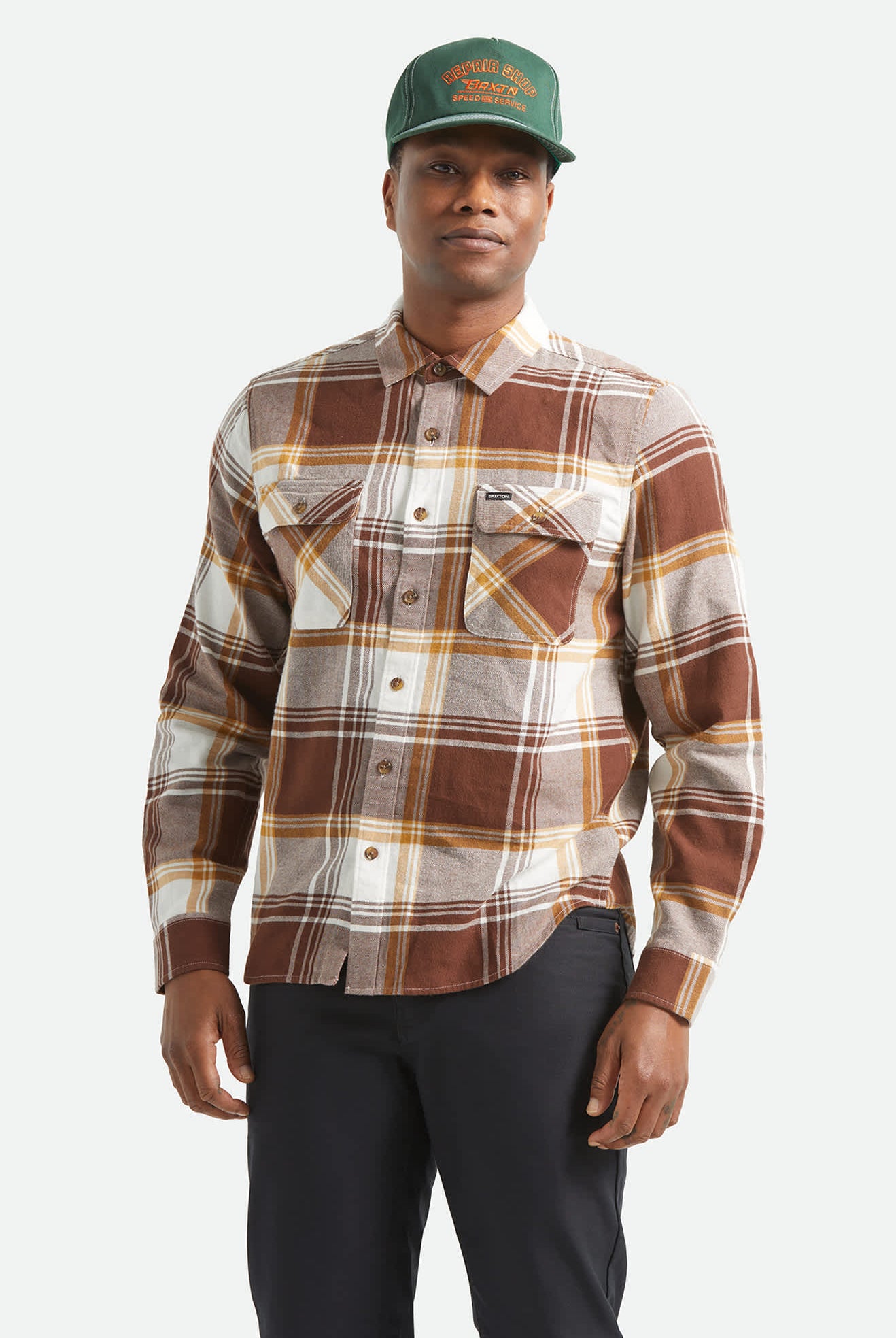 Men's Bowery Lightweight Ultra Soft Flannel in the color Chocolate/Off White - Men's Front View