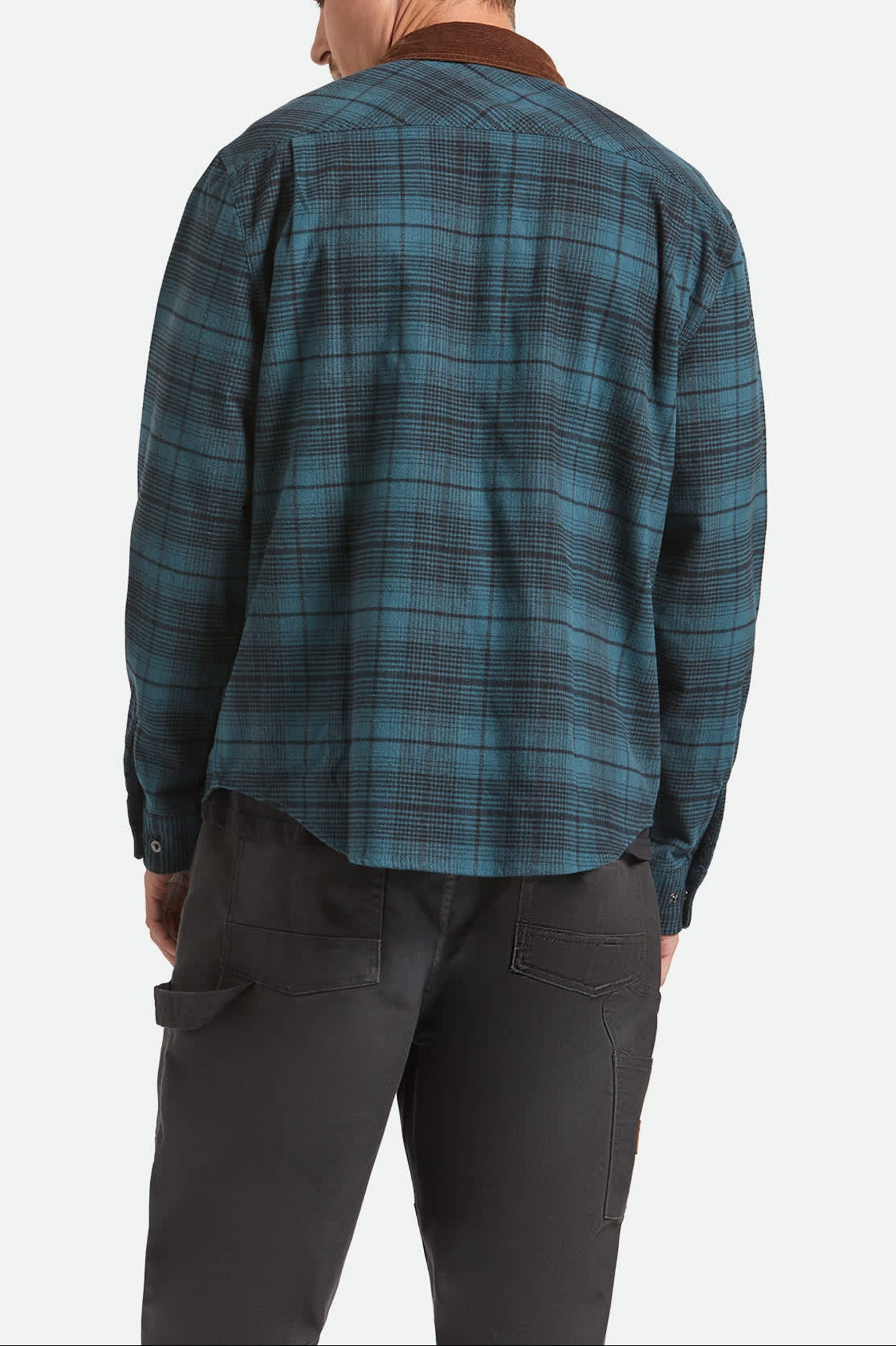 Men's Builders Bowery Stretch Water Resistant Flannel in the color Night Sage/Black - Men's Back View