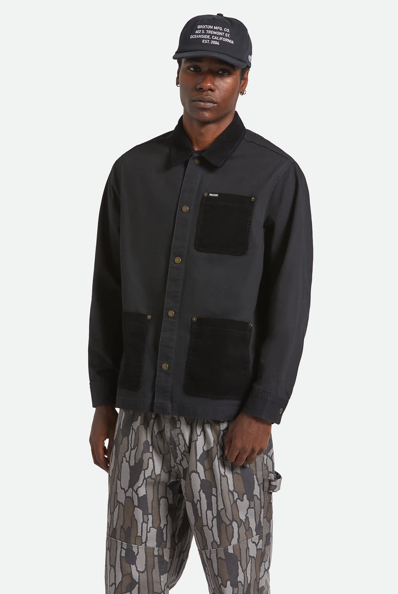 Men's Herringbone Lightweight Chore Coat in the color Black Herringbone - Men's Front View